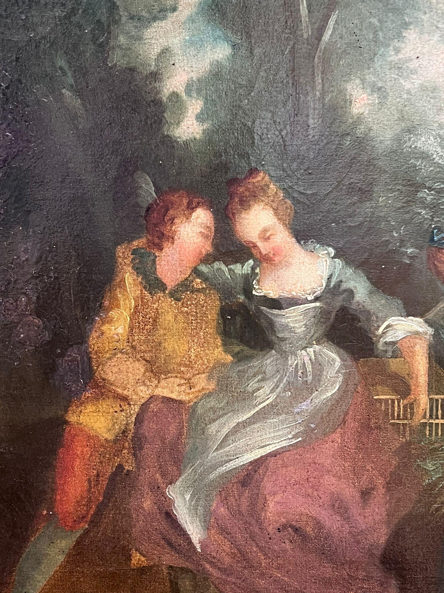 Antique French Rococo Oil Painting Elegant Figures Dancing outdoors For Sale 3