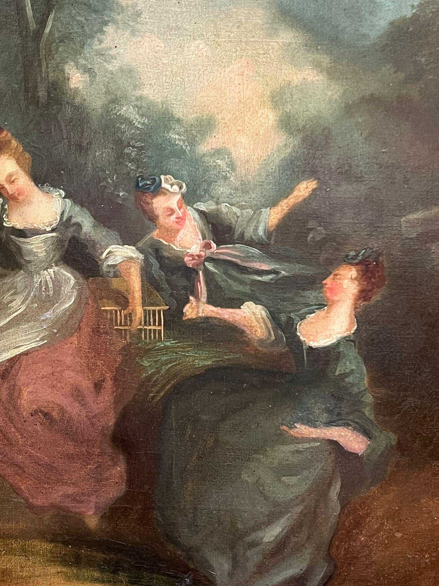 Antique French Rococo Oil Painting Elegant Figures Dancing outdoors For Sale 4