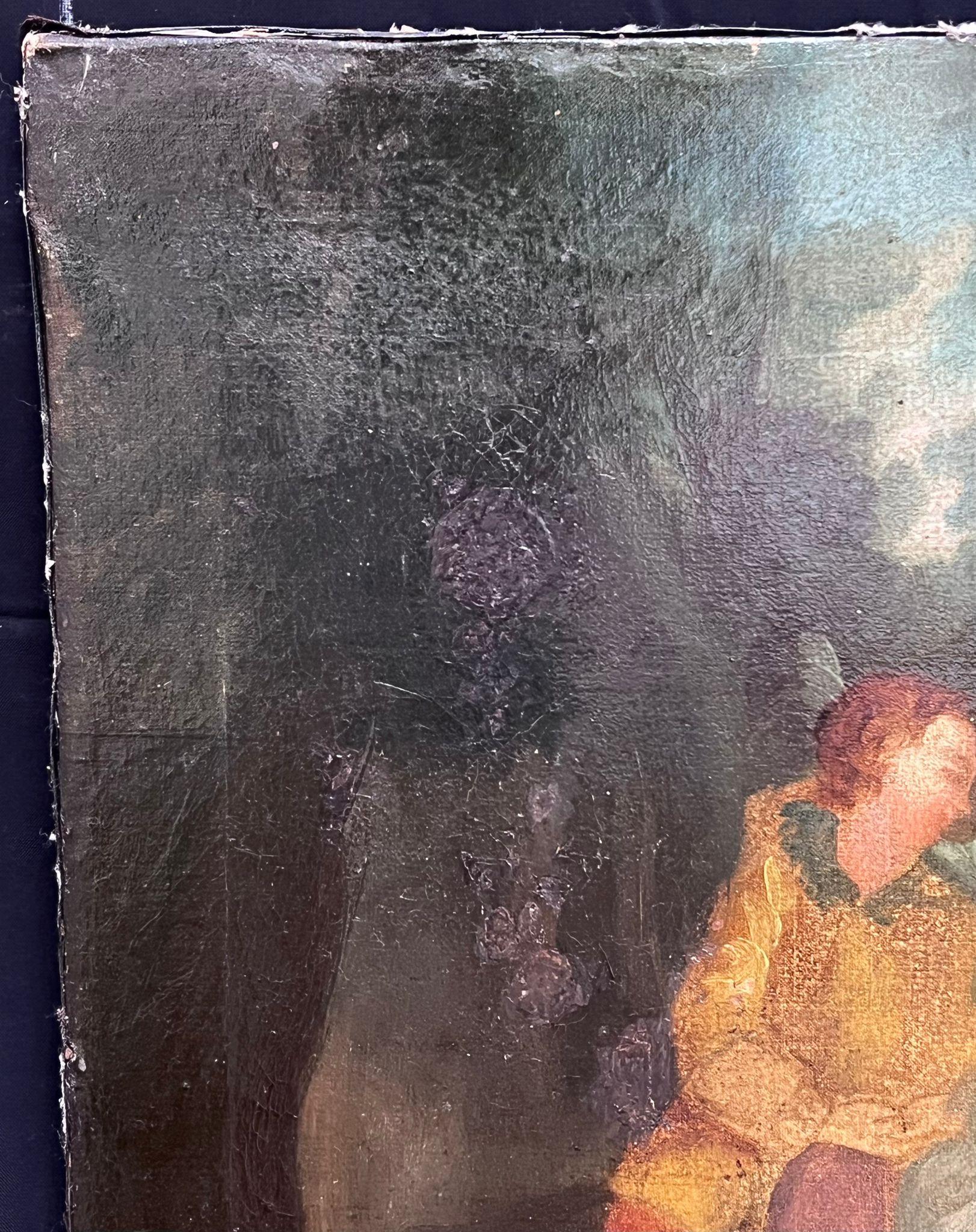 Antique French Rococo Oil Painting Elegant Figures Dancing outdoors For Sale 5
