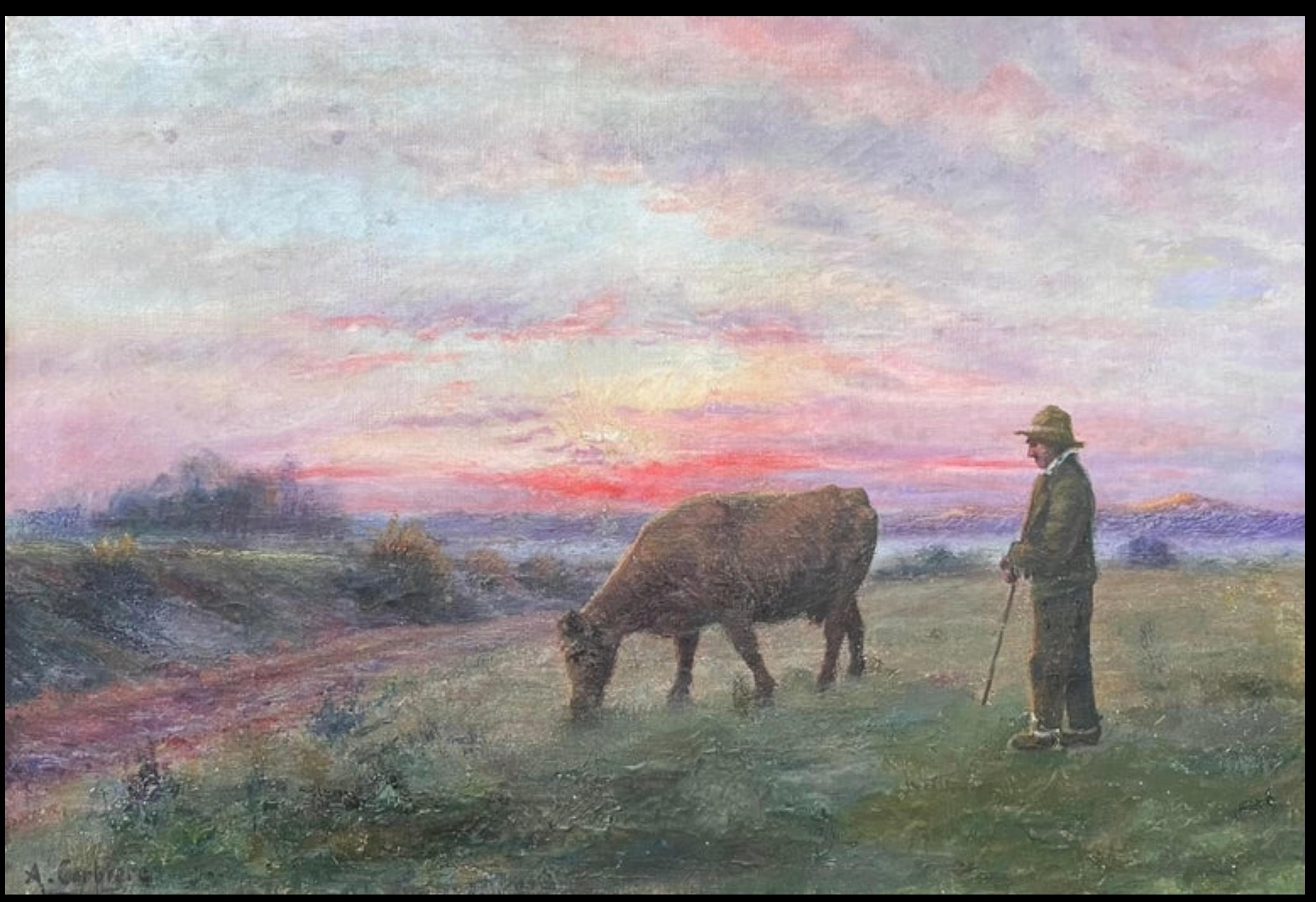 Antique French Romantic Signed Oil Painting Farmer & Cow Sunset Field Landscape - Gray Landscape Painting by French School