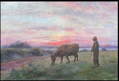 Antique French Romantic Signed Oil Painting Farmer & Cow Sunset Field Landscape