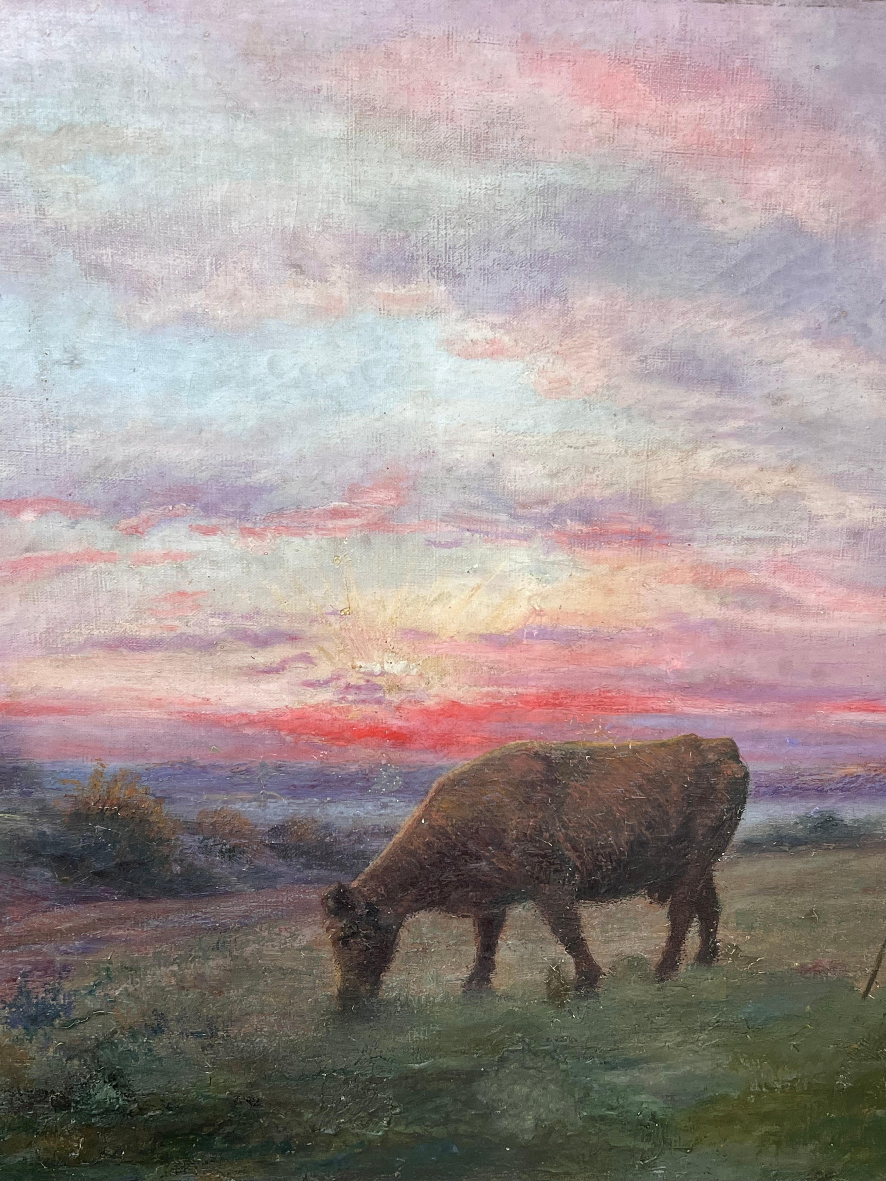 Antique French Romantic Signed Oil Painting Farmer & Cow Sunset Field Landscape For Sale 1
