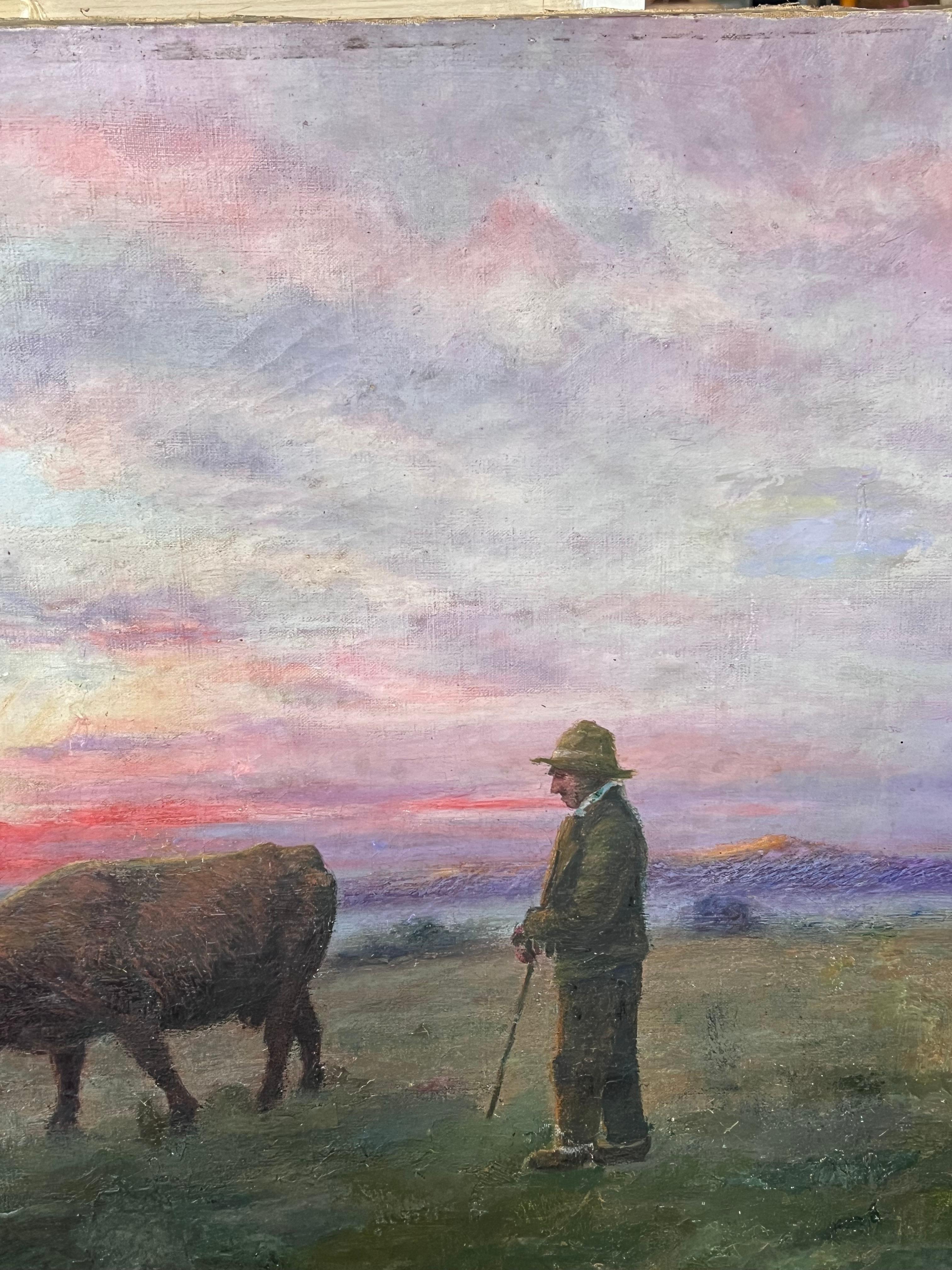 Antique French Romantic Signed Oil Painting Farmer & Cow Sunset Field Landscape For Sale 2