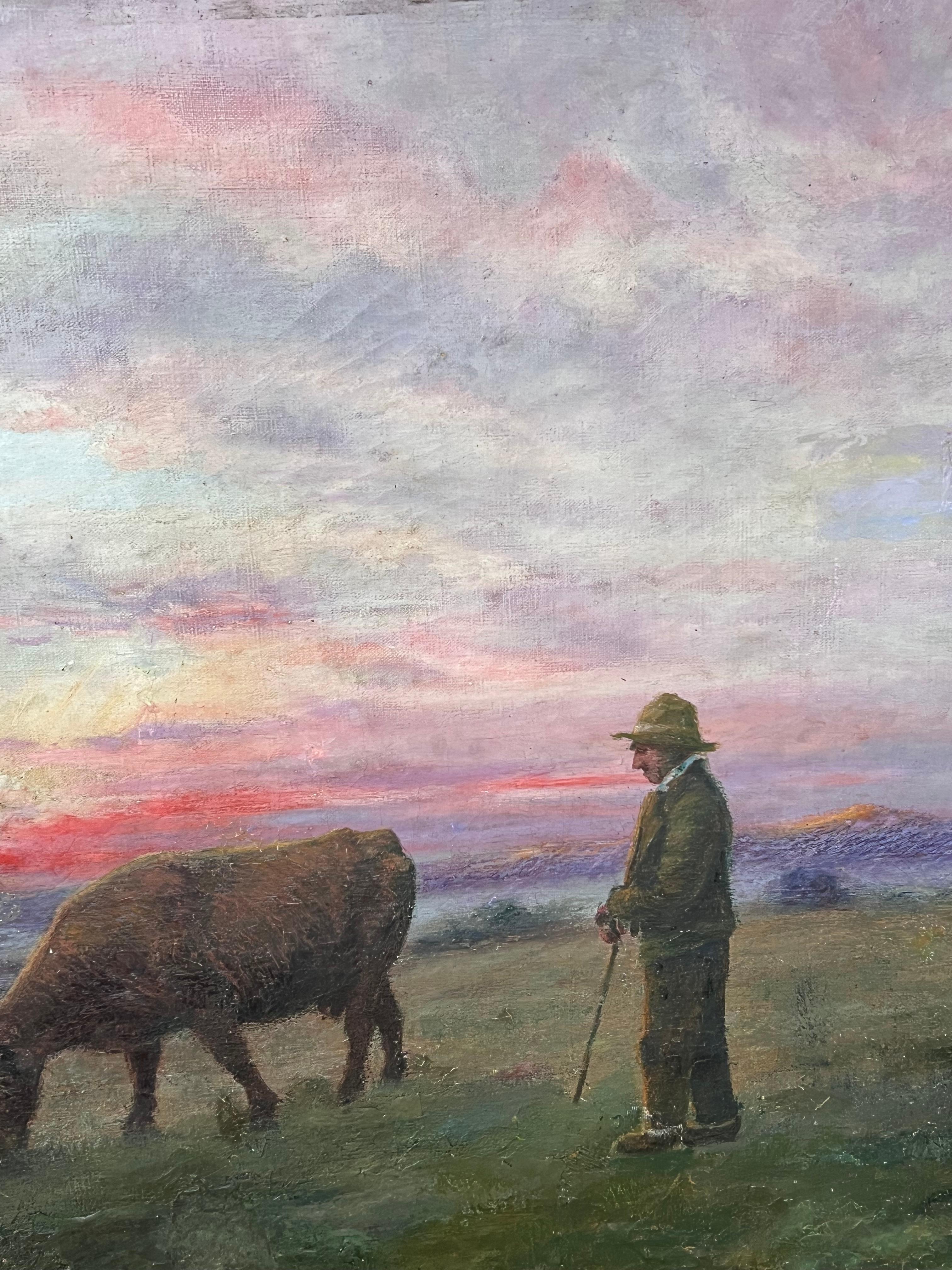 Antique French Romantic Signed Oil Painting Farmer & Cow Sunset Field Landscape For Sale 3