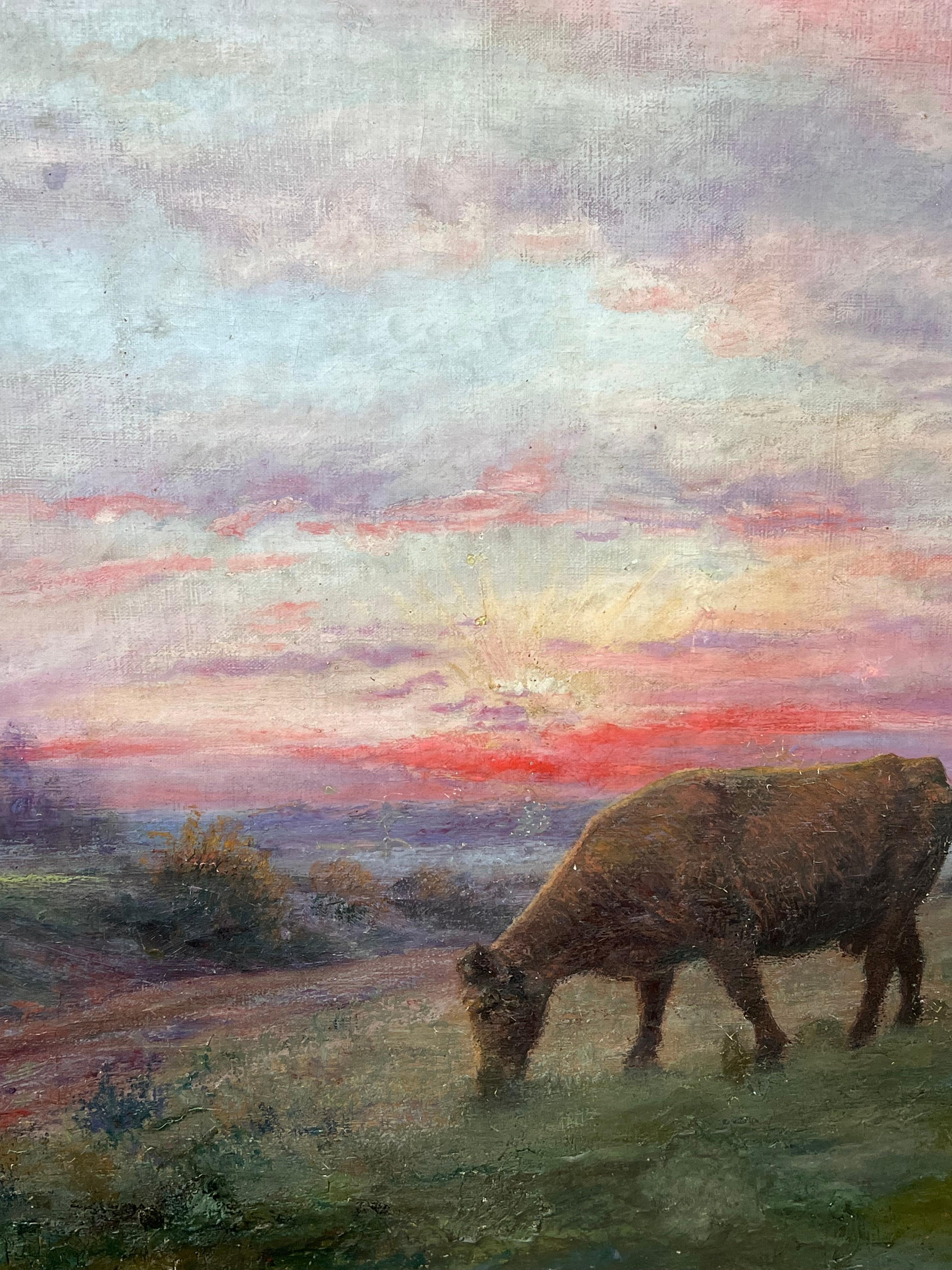 Antique French Romantic Signed Oil Painting Farmer & Cow Sunset Field Landscape For Sale 4