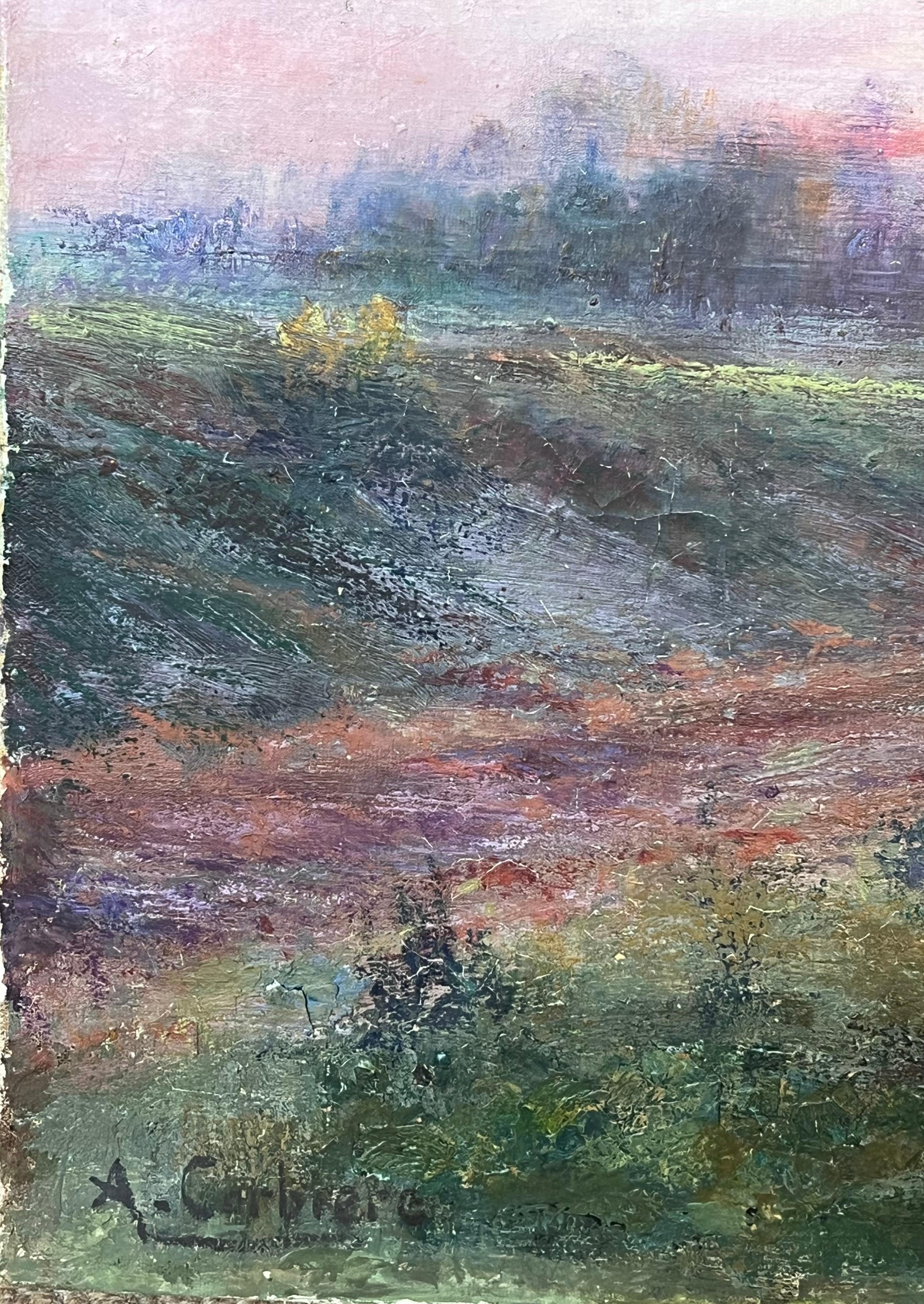 Antique French Romantic Signed Oil Painting Farmer & Cow Sunset Field Landscape For Sale 5