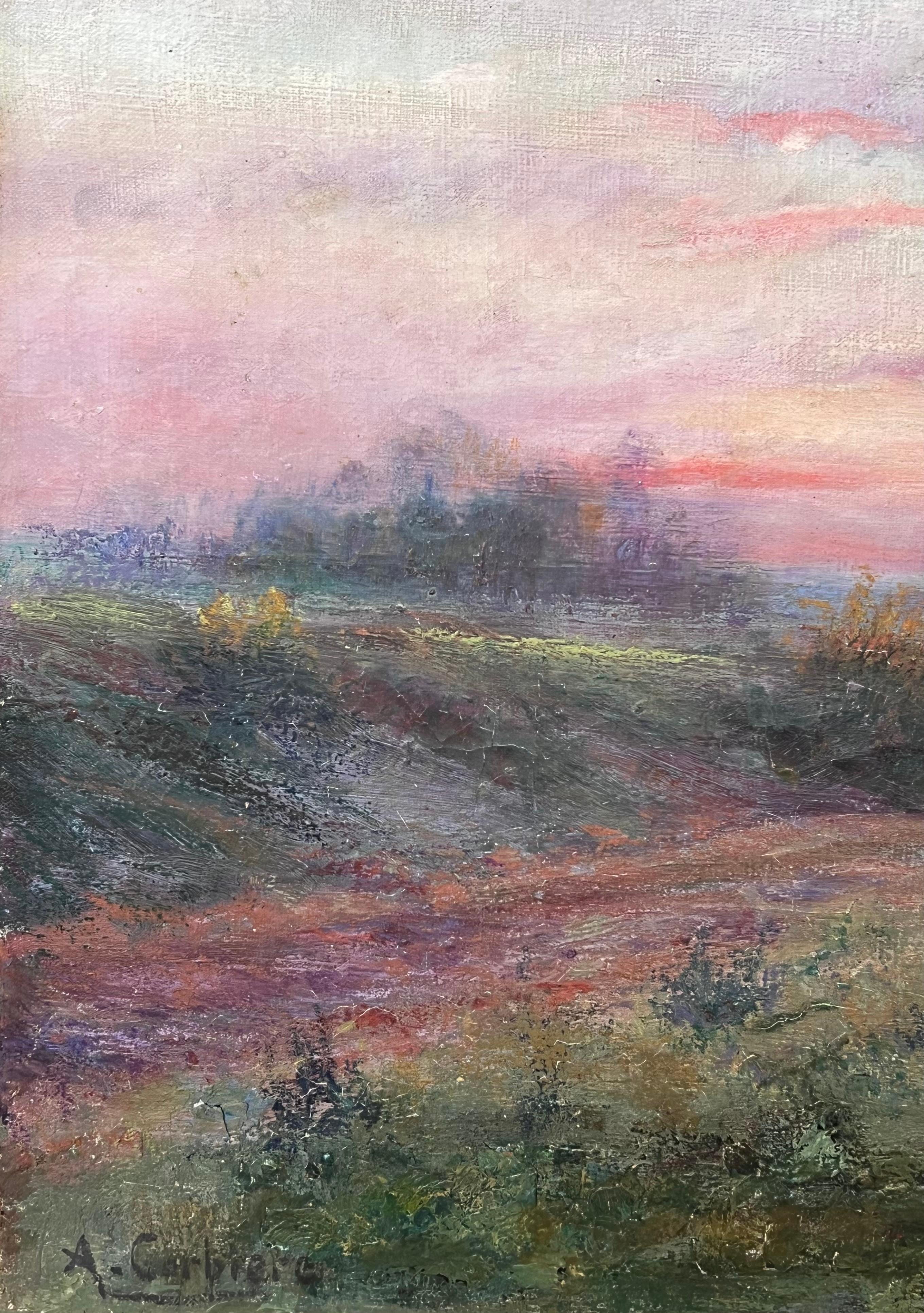 Antique French Romantic Signed Oil Painting Farmer & Cow Sunset Field Landscape For Sale 6