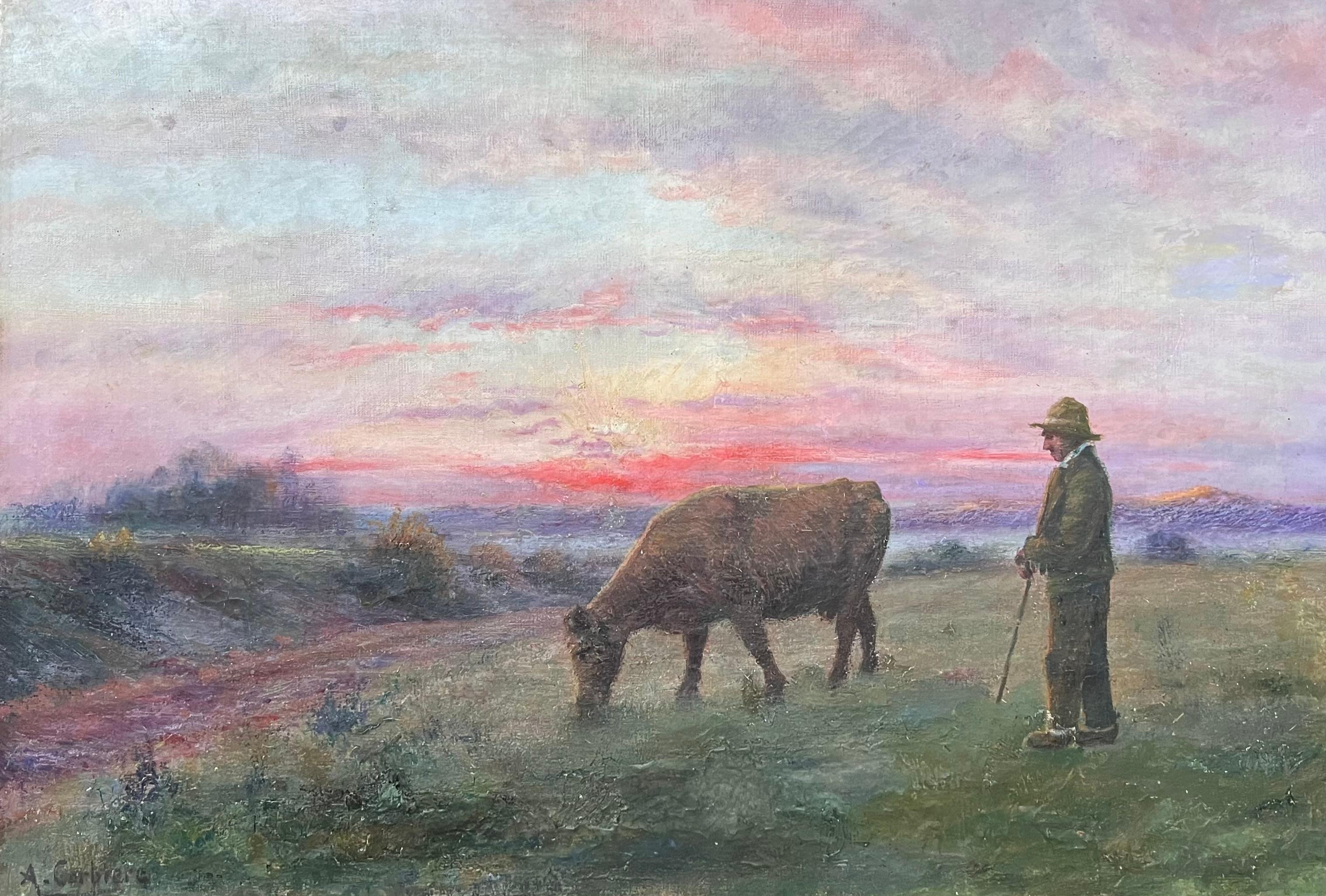 French School Landscape Painting - Antique French Romantic Signed Oil Painting Farmer & Cow Sunset Field Landscape