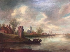 Antique French Signed Large Oil Painting Moonlit Dusk River Town Landscape