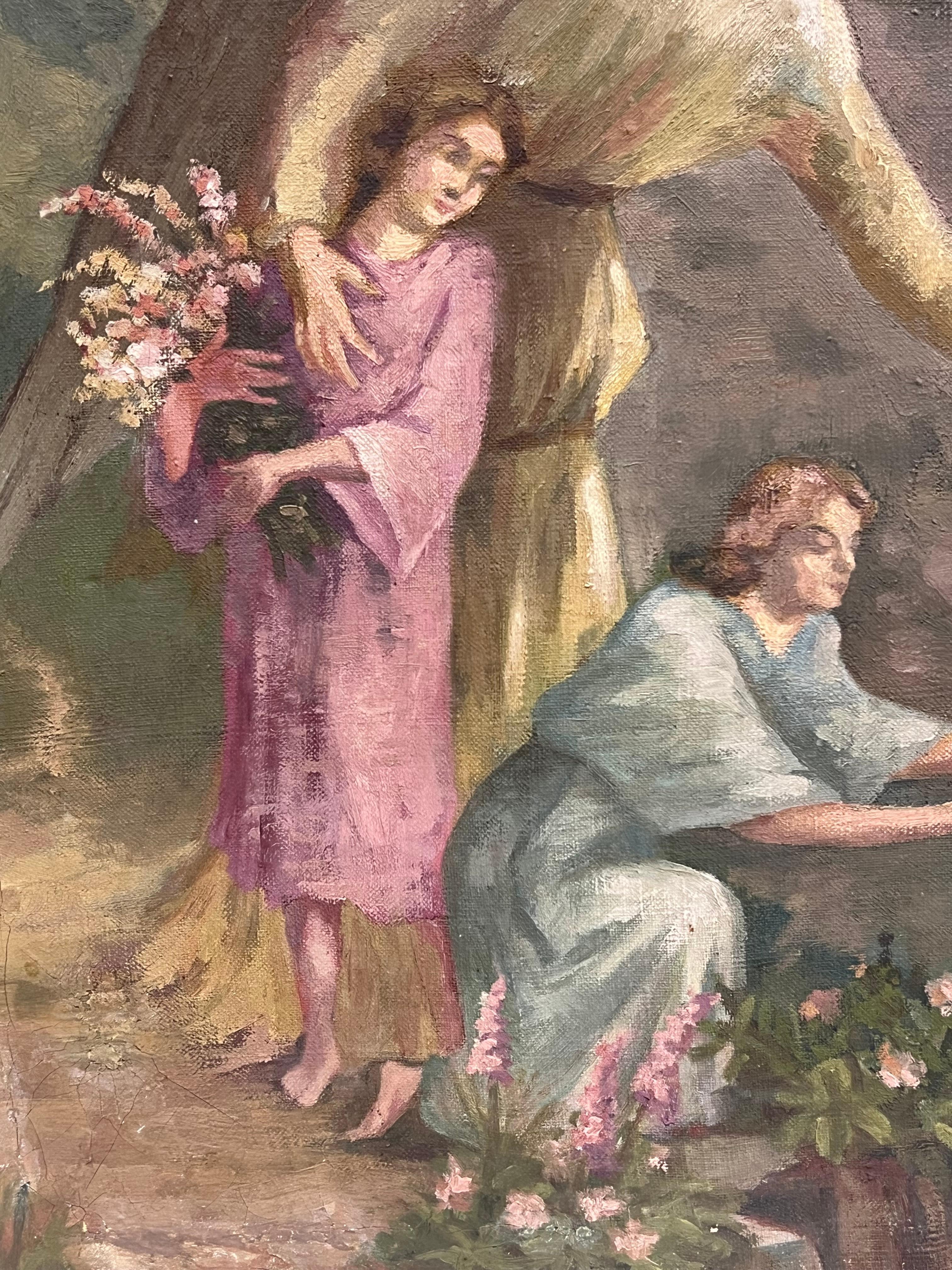 Antique French Signed Oil Painting Angel with Two Children Picking Flowers en venta 7