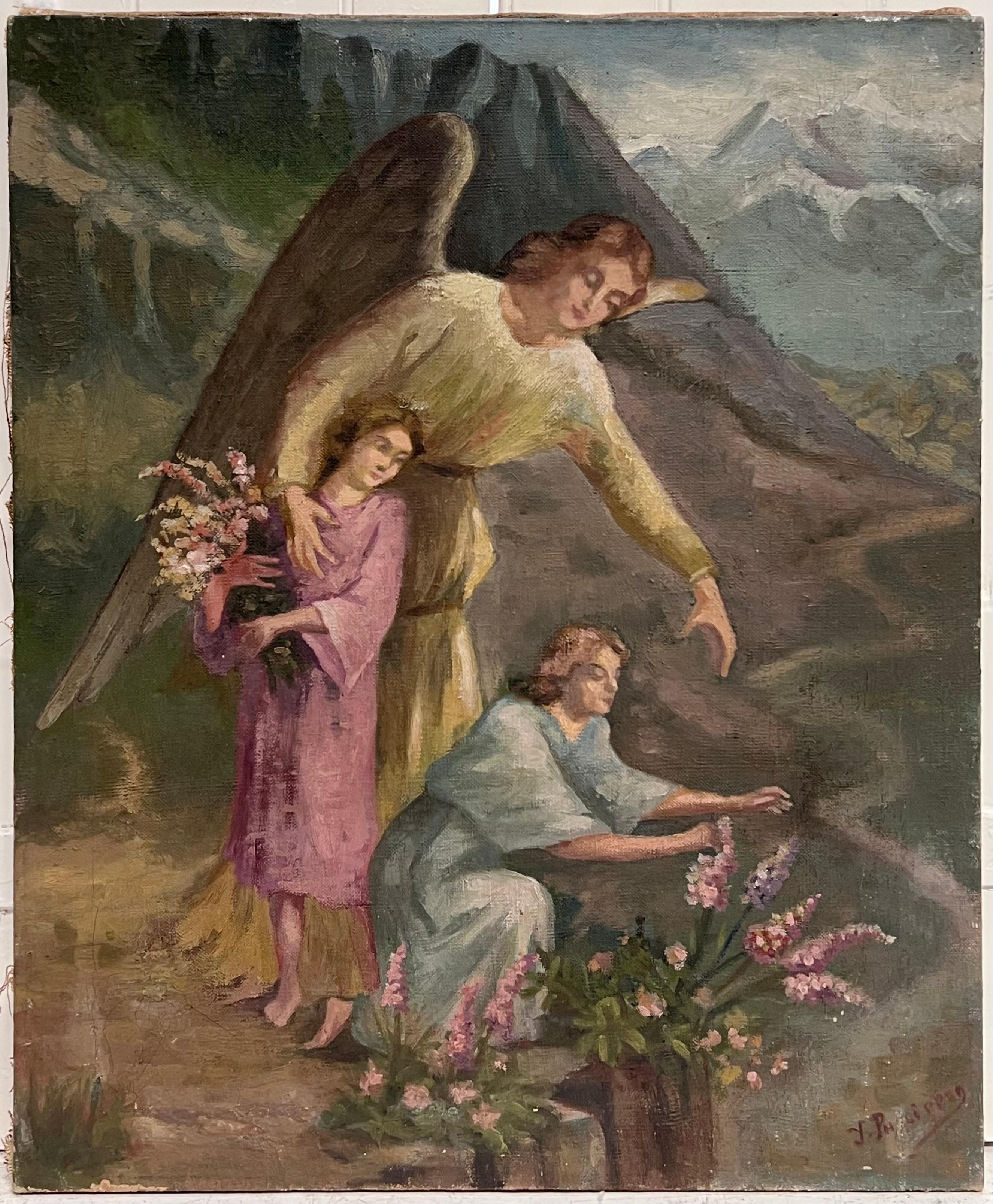 Antique French Signed Oil Painting Angel with Two Children Picking Flowers - Figurative Painting Marrón de French School