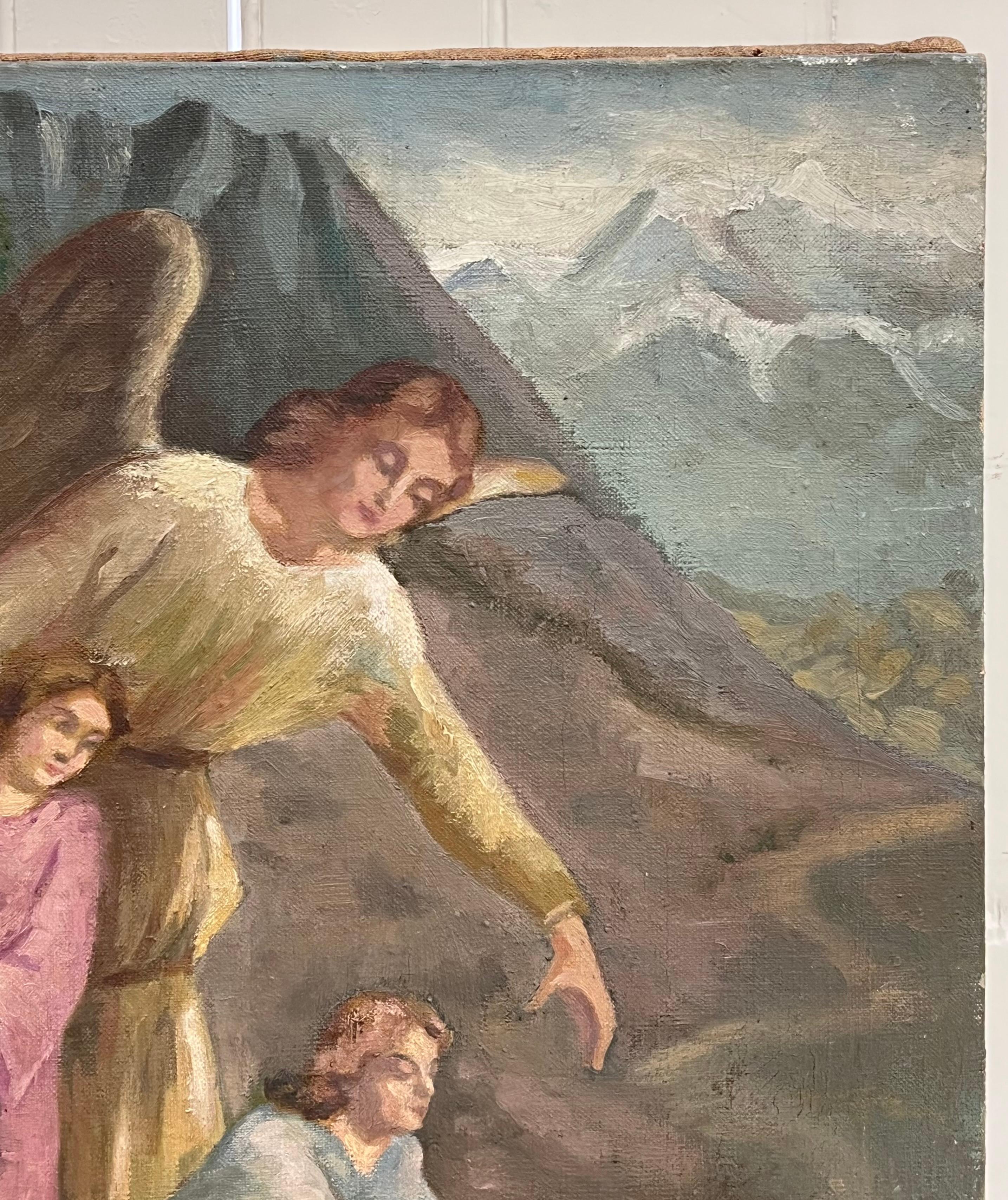 Antique French Signed Oil Painting Angel with Two Children Picking Flowers en venta 1