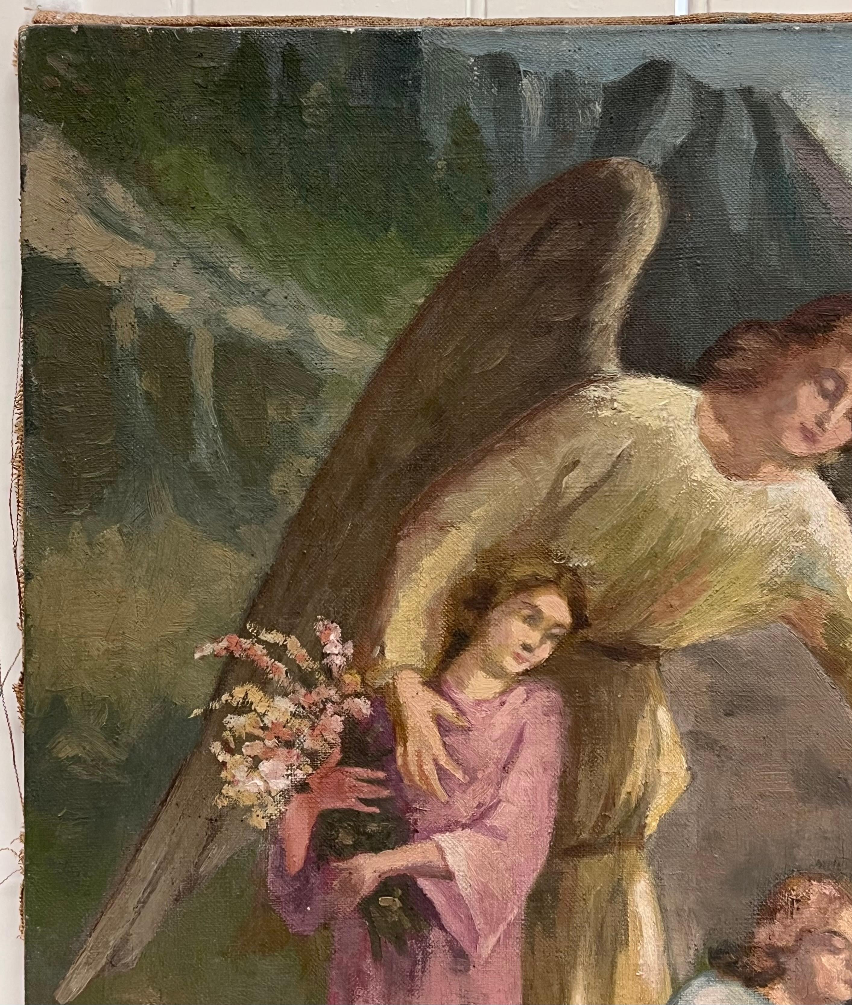 Antique French Signed Oil Painting Angel with Two Children Picking Flowers en venta 2
