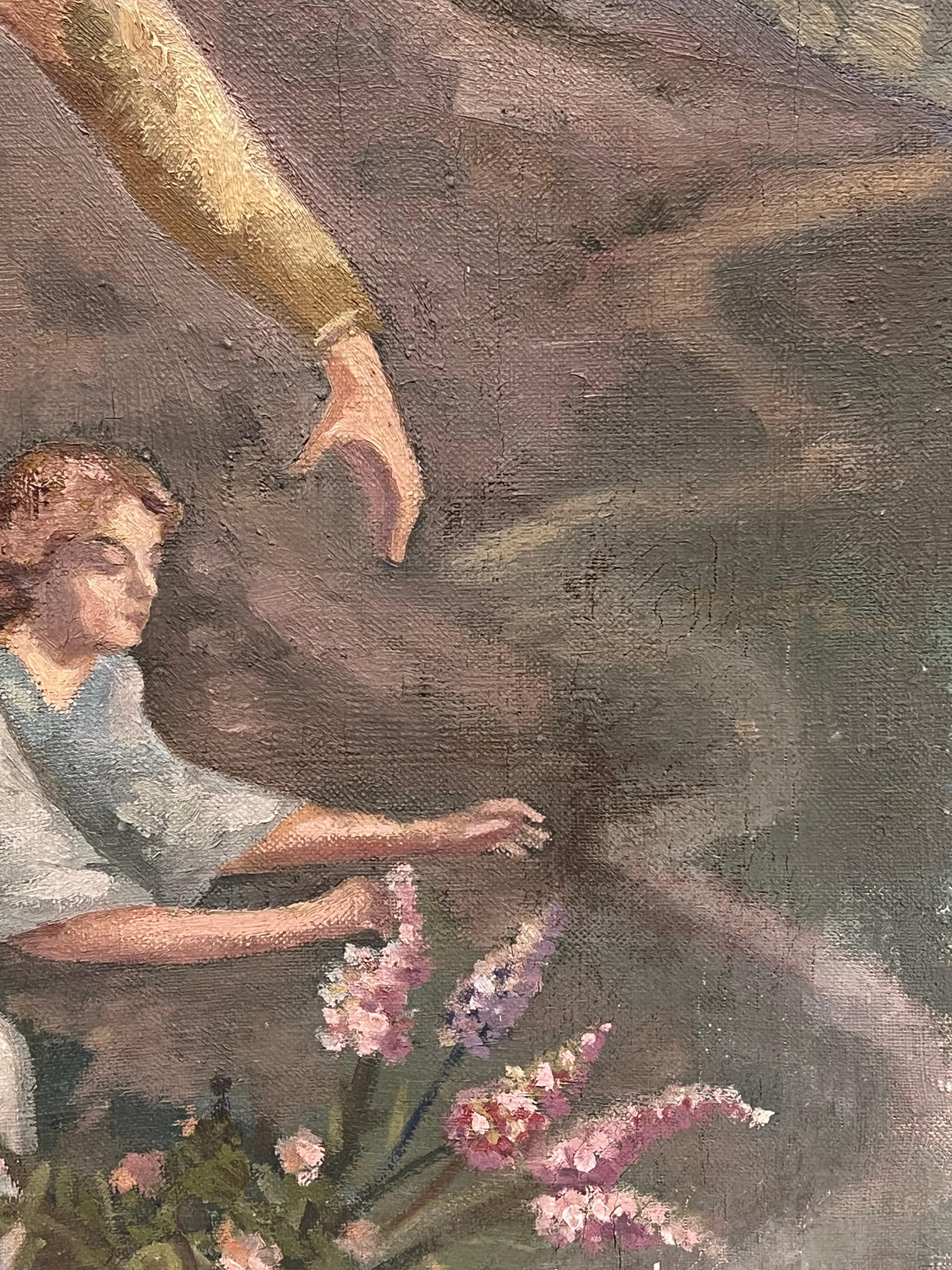 Antique French Signed Oil Painting Angel with Two Children Picking Flowers en venta 4
