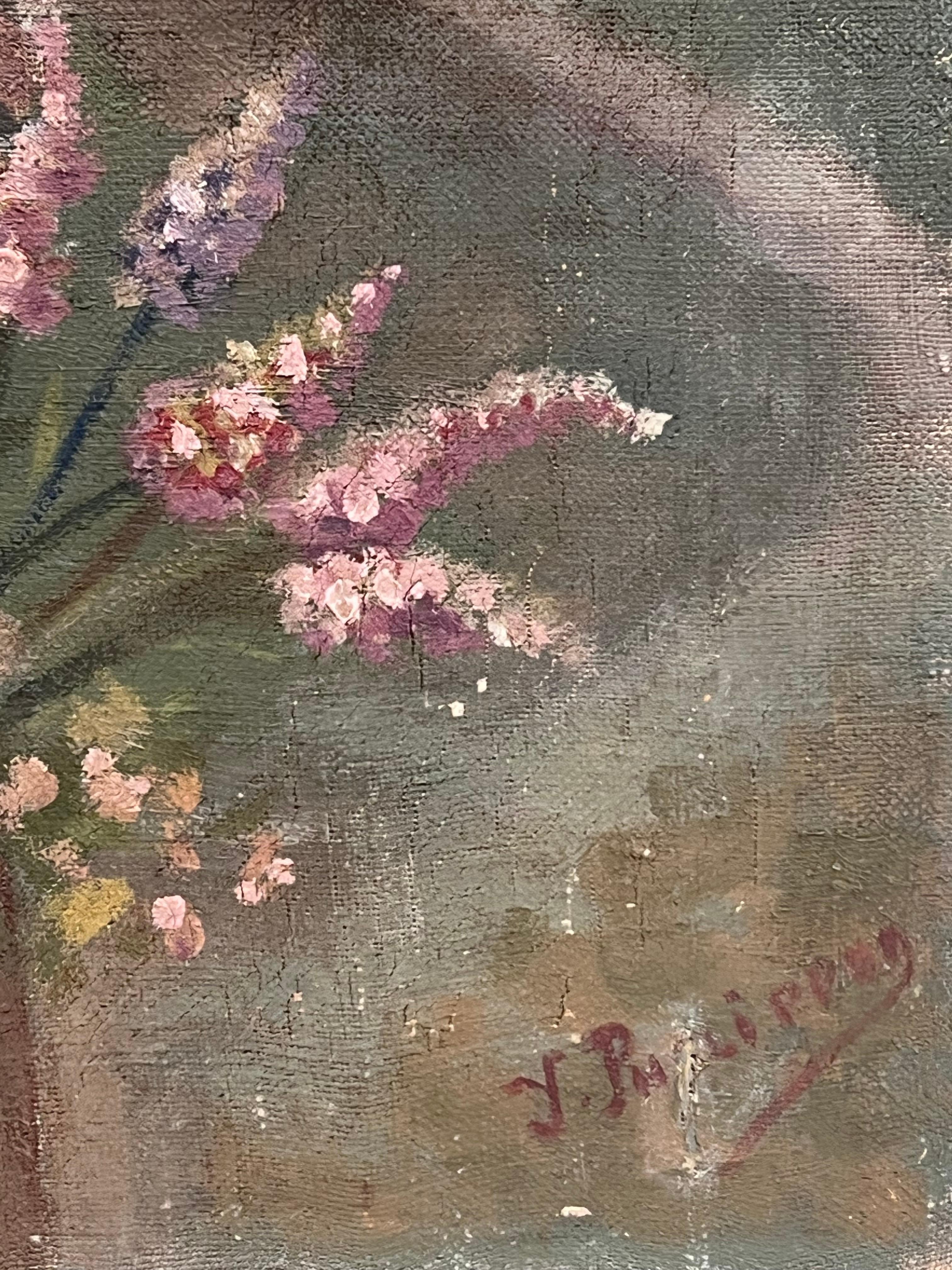 Antique French Signed Oil Painting Angel with Two Children Picking Flowers en venta 5