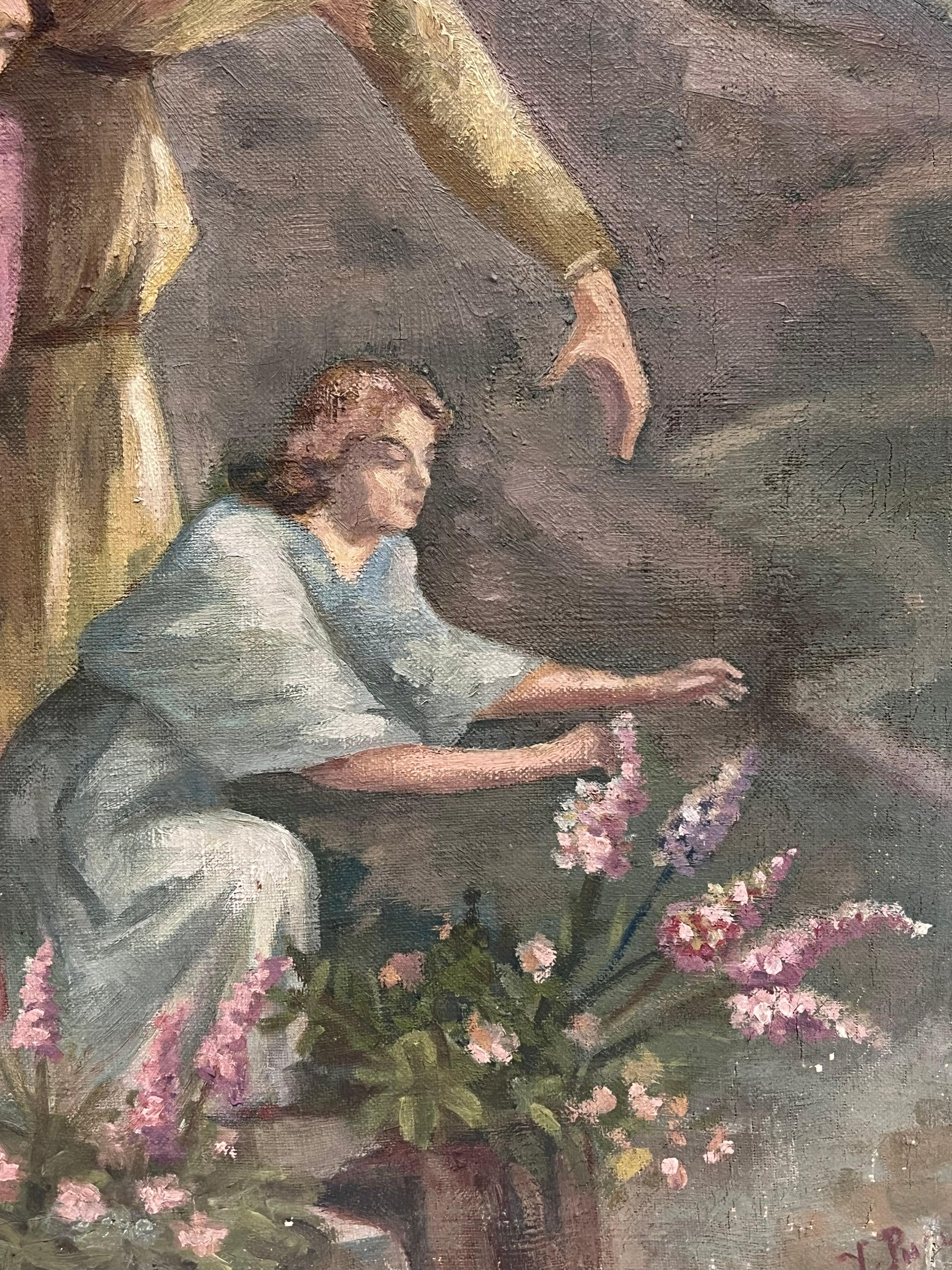 Antique French Signed Oil Painting Angel with Two Children Picking Flowers en venta 6