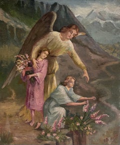 Antique French Signed Oil Painting Angel with Two Children Picking Flowers