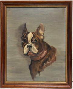Ancienne peinture à l'huile française signée représentant un chien terrier de Boston
