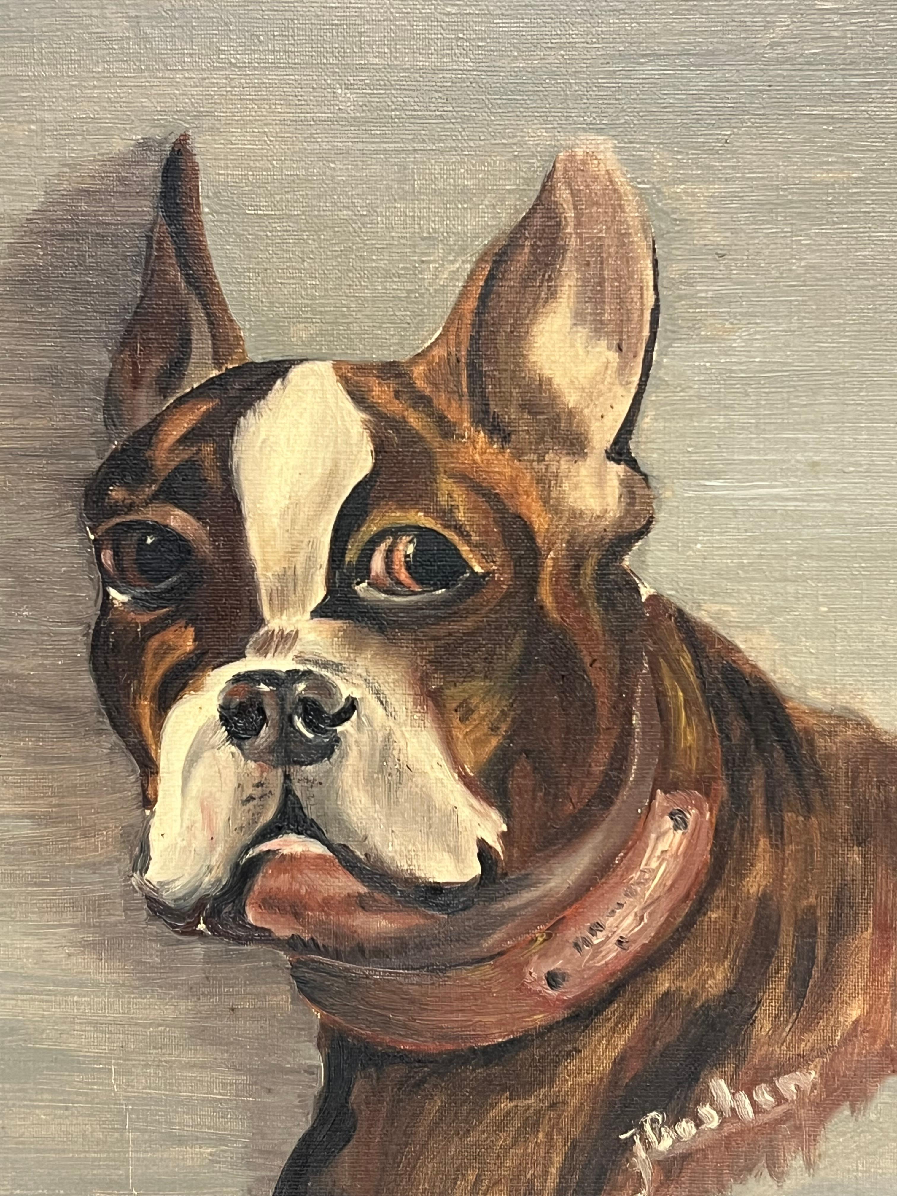 Il Boston Terrier
Artista francese, mid 20th secolo
olio su tela, incorniciato
incorniciato: 18 x 15 pollici
tela: 16,5 x 13 pollici
Provenienza: collezione privata, Regno Unito
Condit: qualche graffio e segno, ma nel complesso buone condizioni

Per