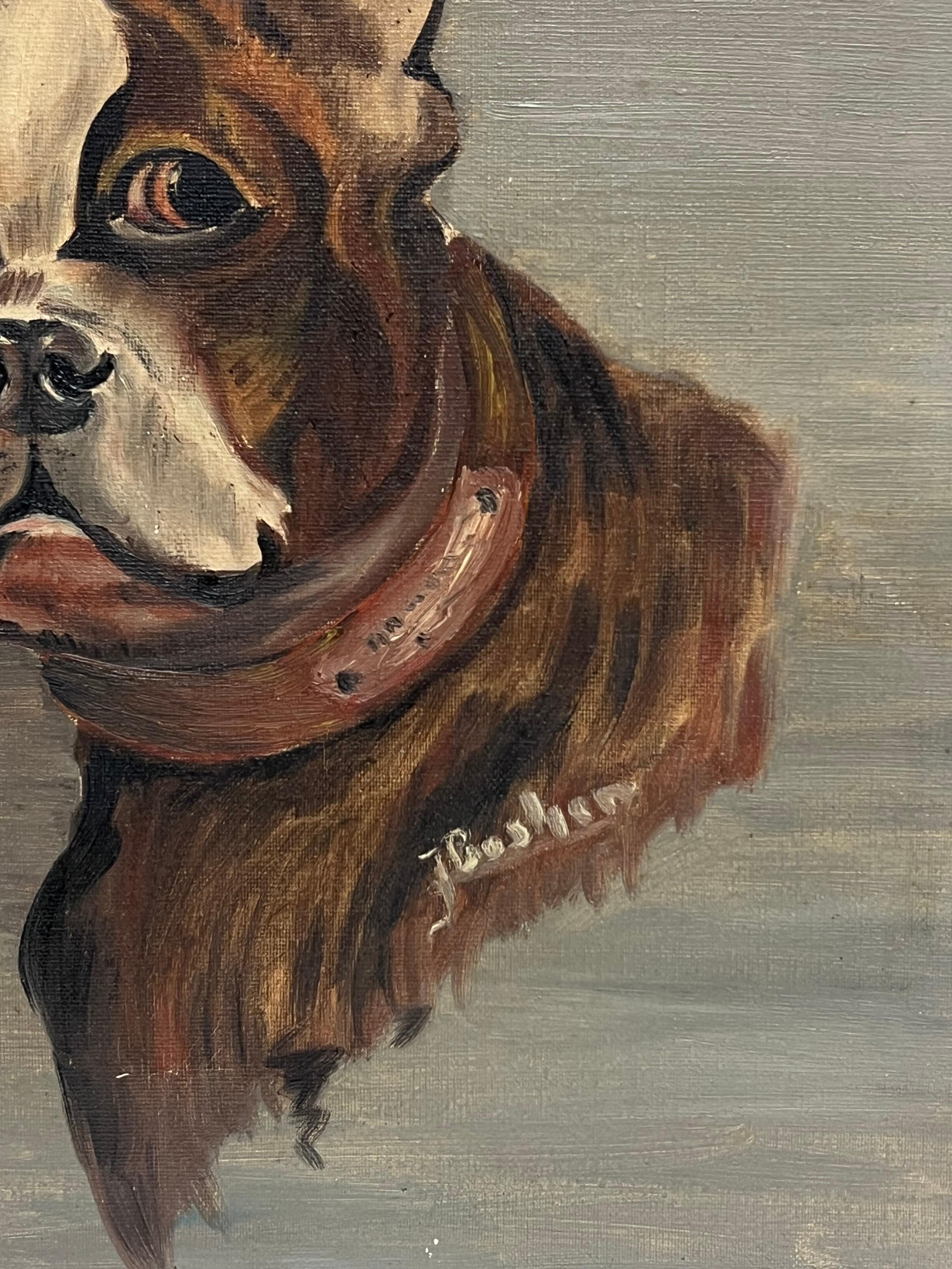 Antique French, dipinto ad olio firmato, ritratto di un cane Boston Terrier in vendita 2