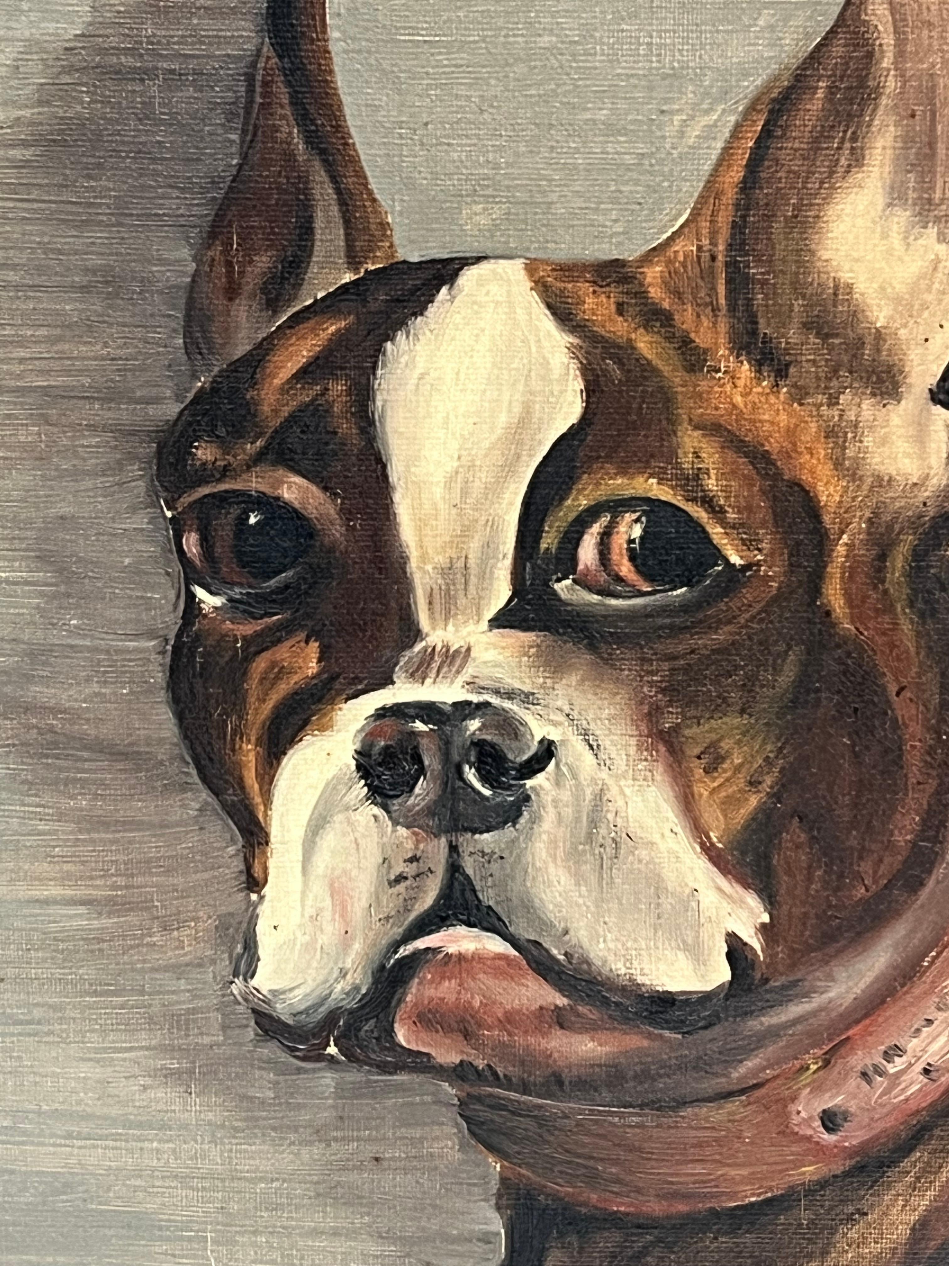 Antique French, dipinto ad olio firmato, ritratto di un cane Boston Terrier in vendita 3