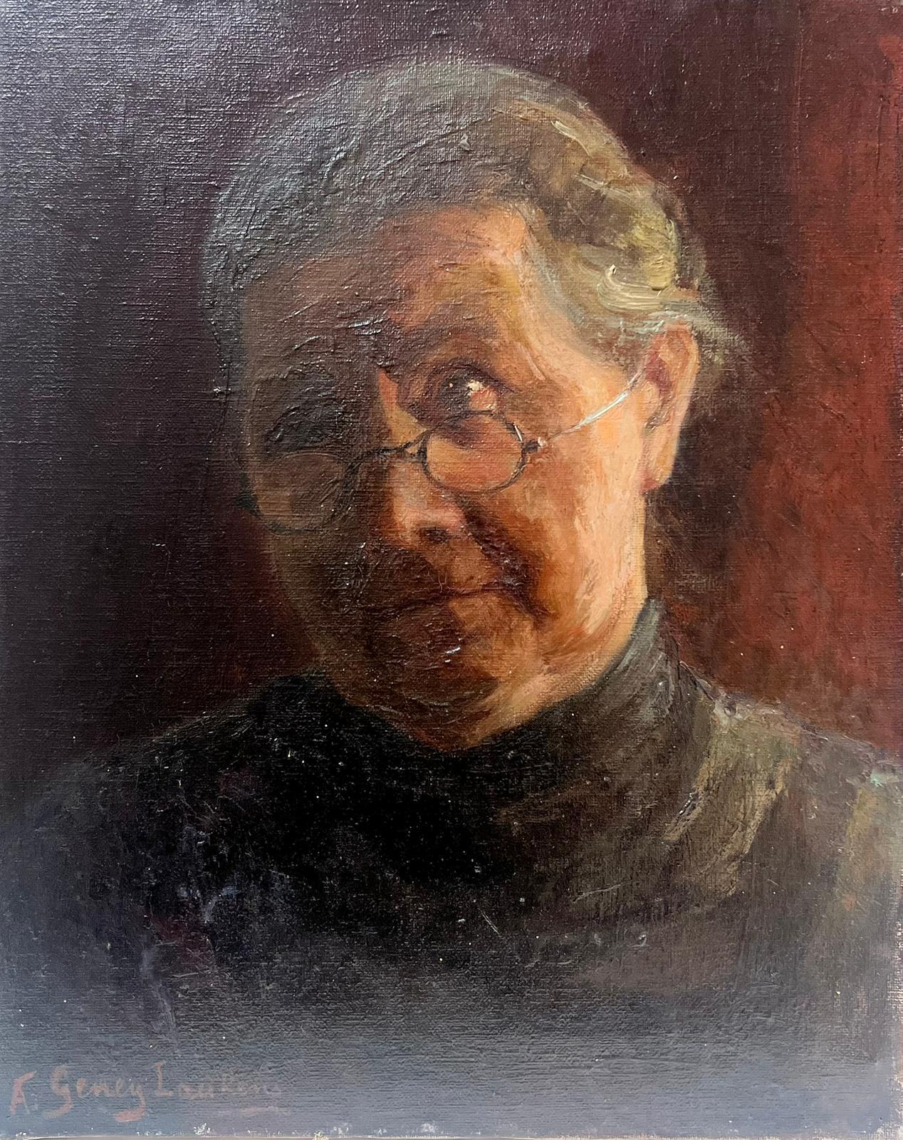 Antique French, dipinto a olio con firma, ritratto di anziana signora con occhiali - Painting di French School