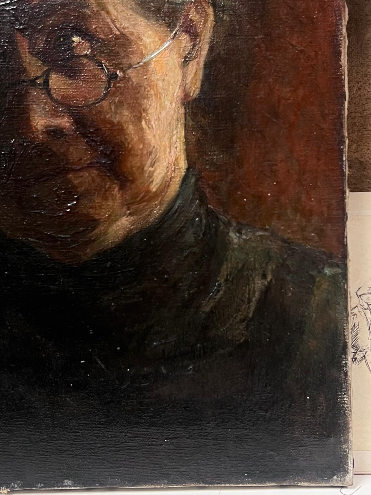 Antique French, dipinto a olio con firma, ritratto di anziana signora con occhiali 1