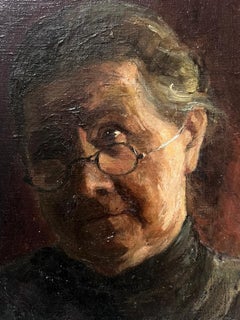 Antique French, dipinto a olio con firma, ritratto di anziana signora con occhiali