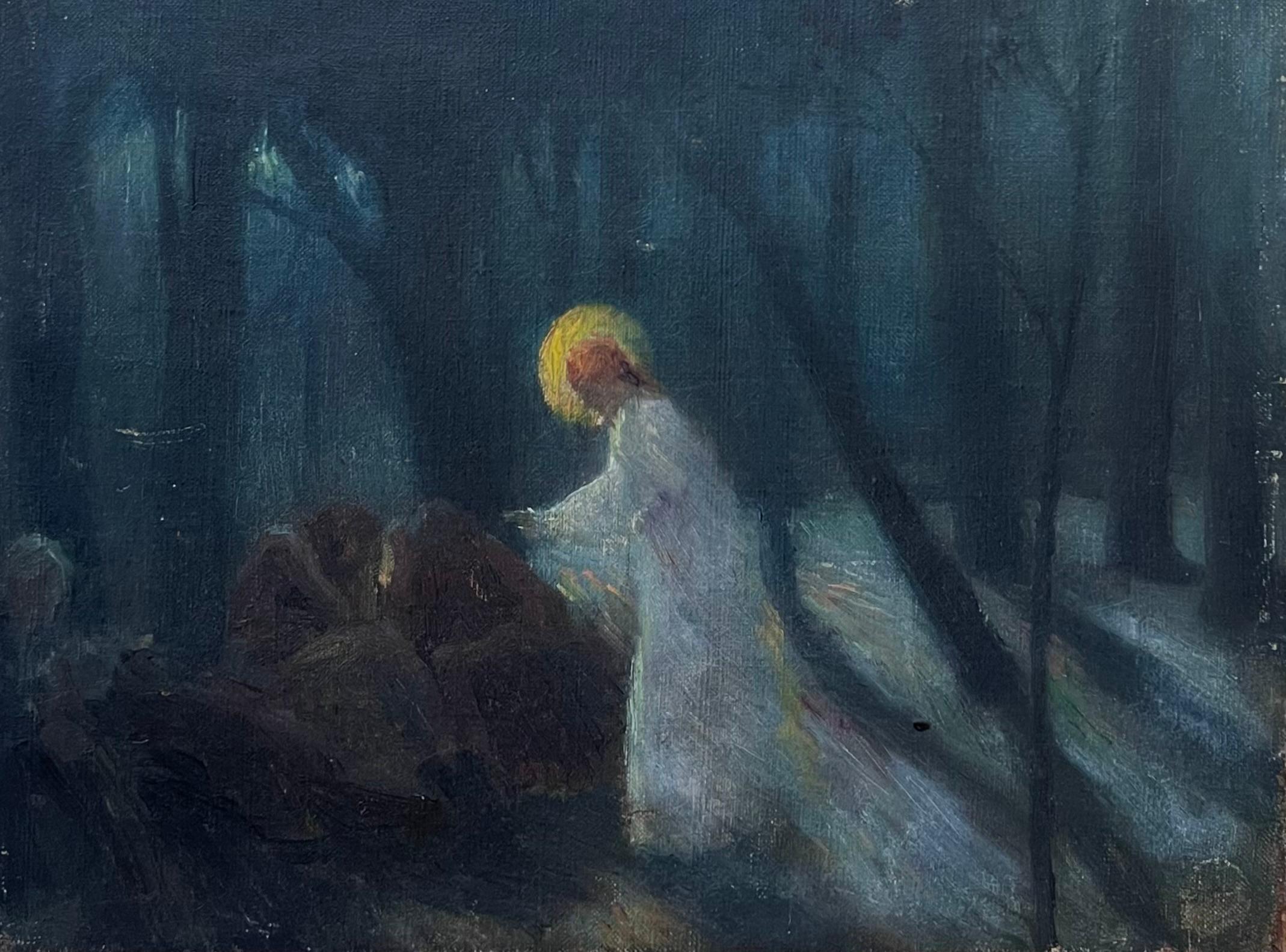 Antique French Symbolist Oil Painting Christ in Garden of Gethsemane & Disciples - Black Landscape Painting by French School