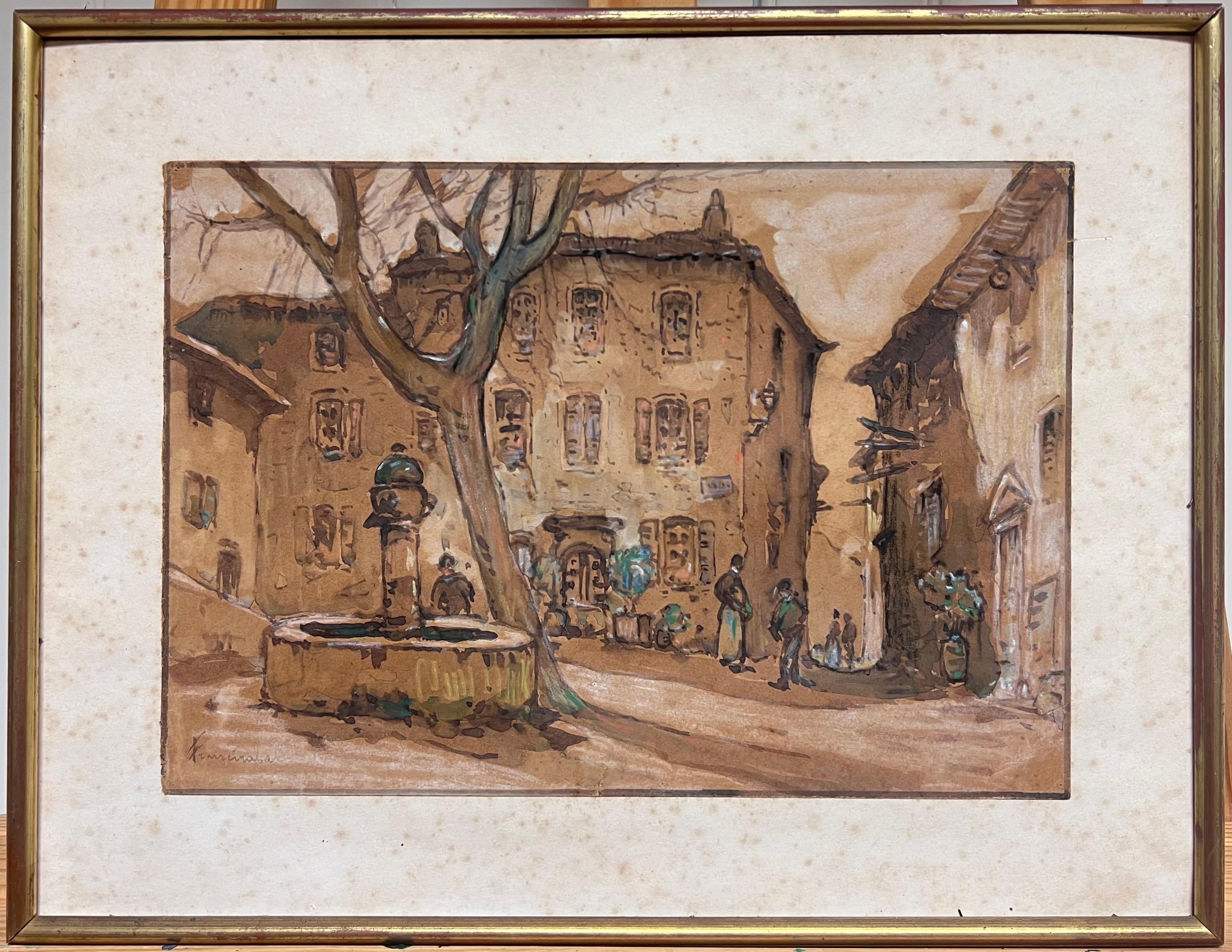 Antique French Plaza de pueblo con fuente y figuras Obra impresionista firmada - Painting de French School
