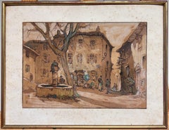 Antiker französischer Dorfplatz mit Brunnen und Figuren, signiert, impressionistisches Werk