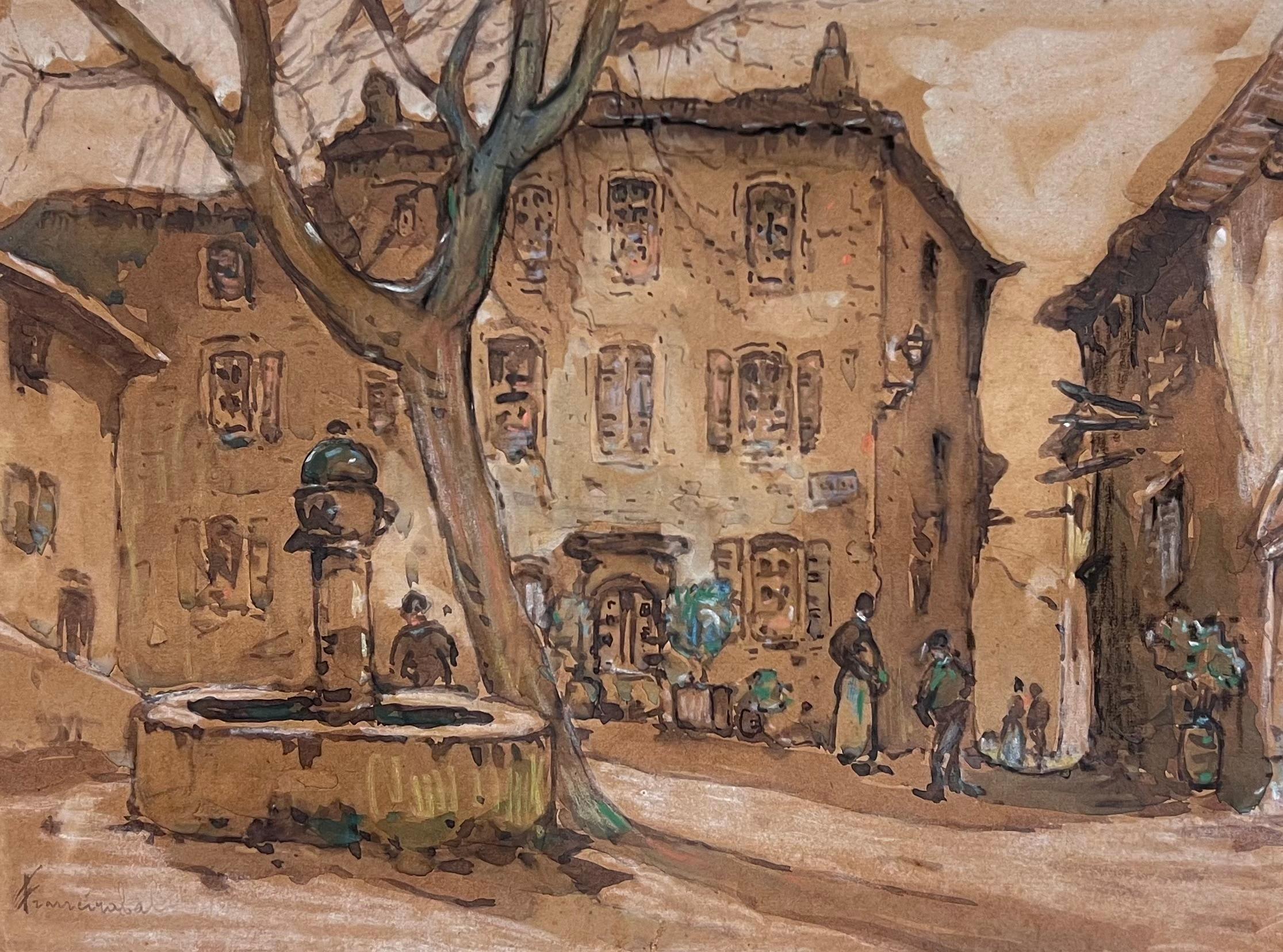 Antique French Plaza de pueblo con fuente y figuras Obra impresionista firmada - Painting Impresionista de French School