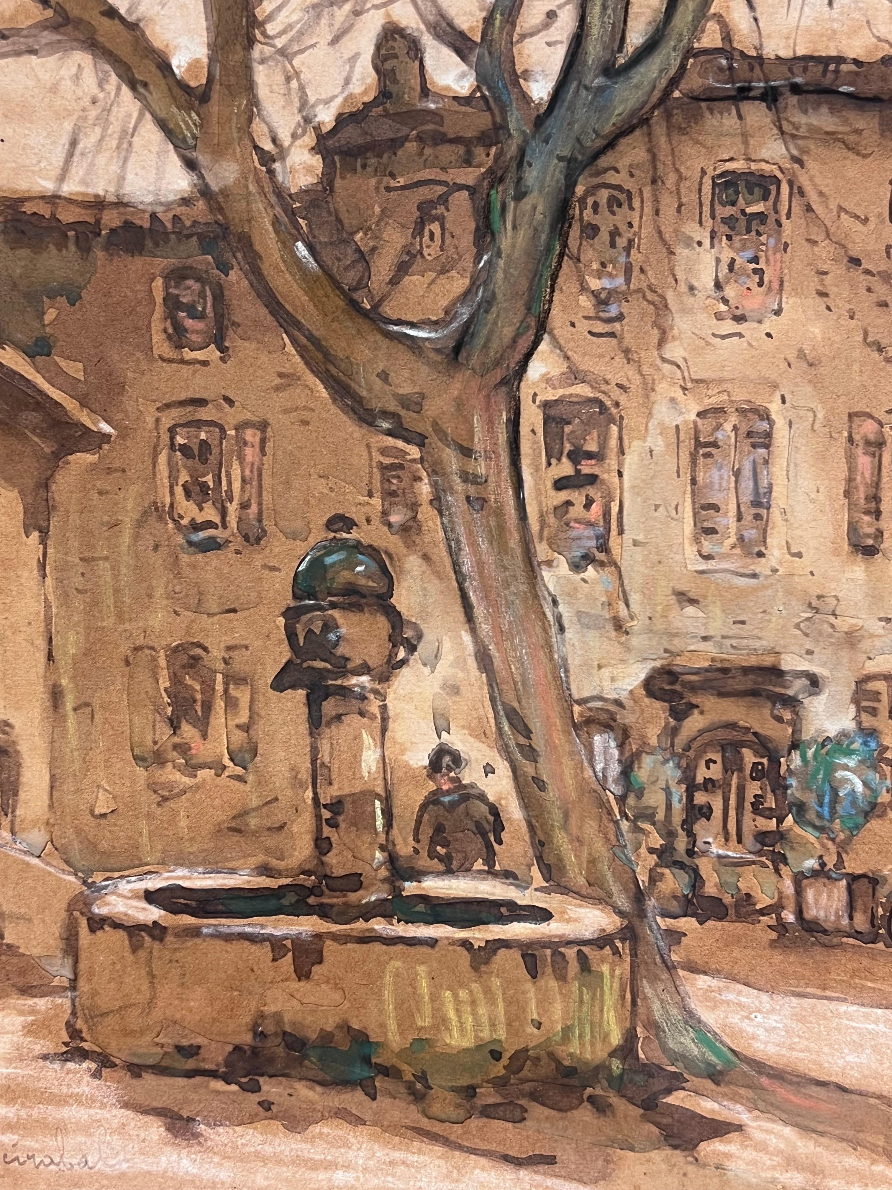 Antique French Plaza de pueblo con fuente y figuras Obra impresionista firmada - Landscape Painting Marrón de French School