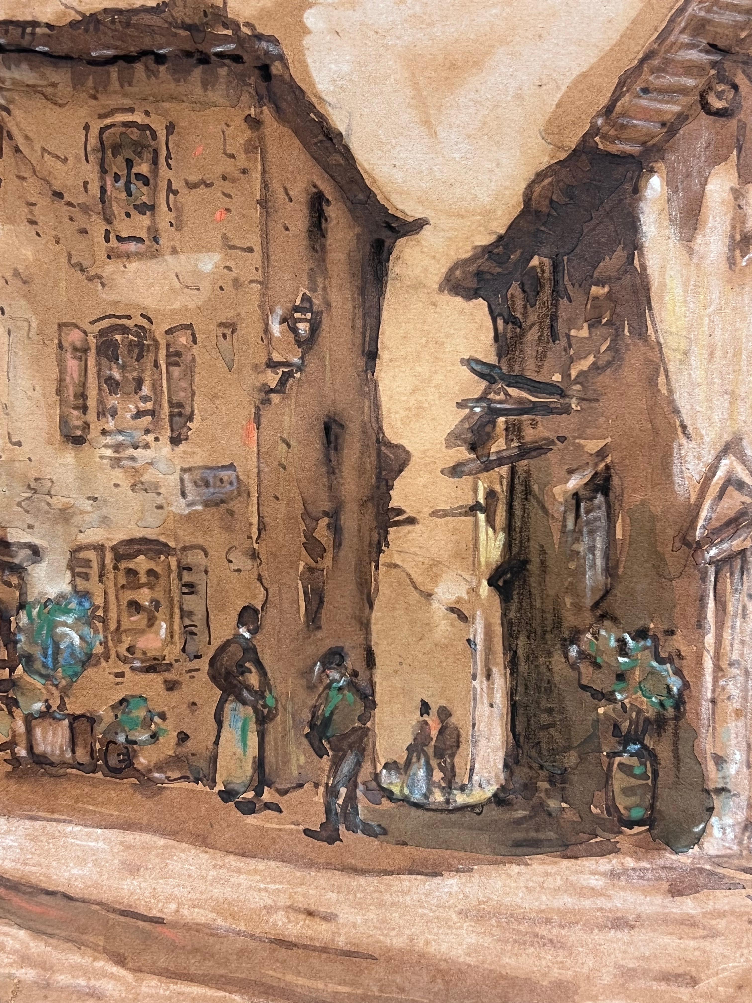 Antique French Plaza de pueblo con fuente y figuras Obra impresionista firmada en venta 1
