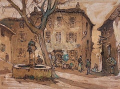 Antiker französischer Dorfplatz mit Brunnen und Figuren, signiert, impressionistisches Werk
