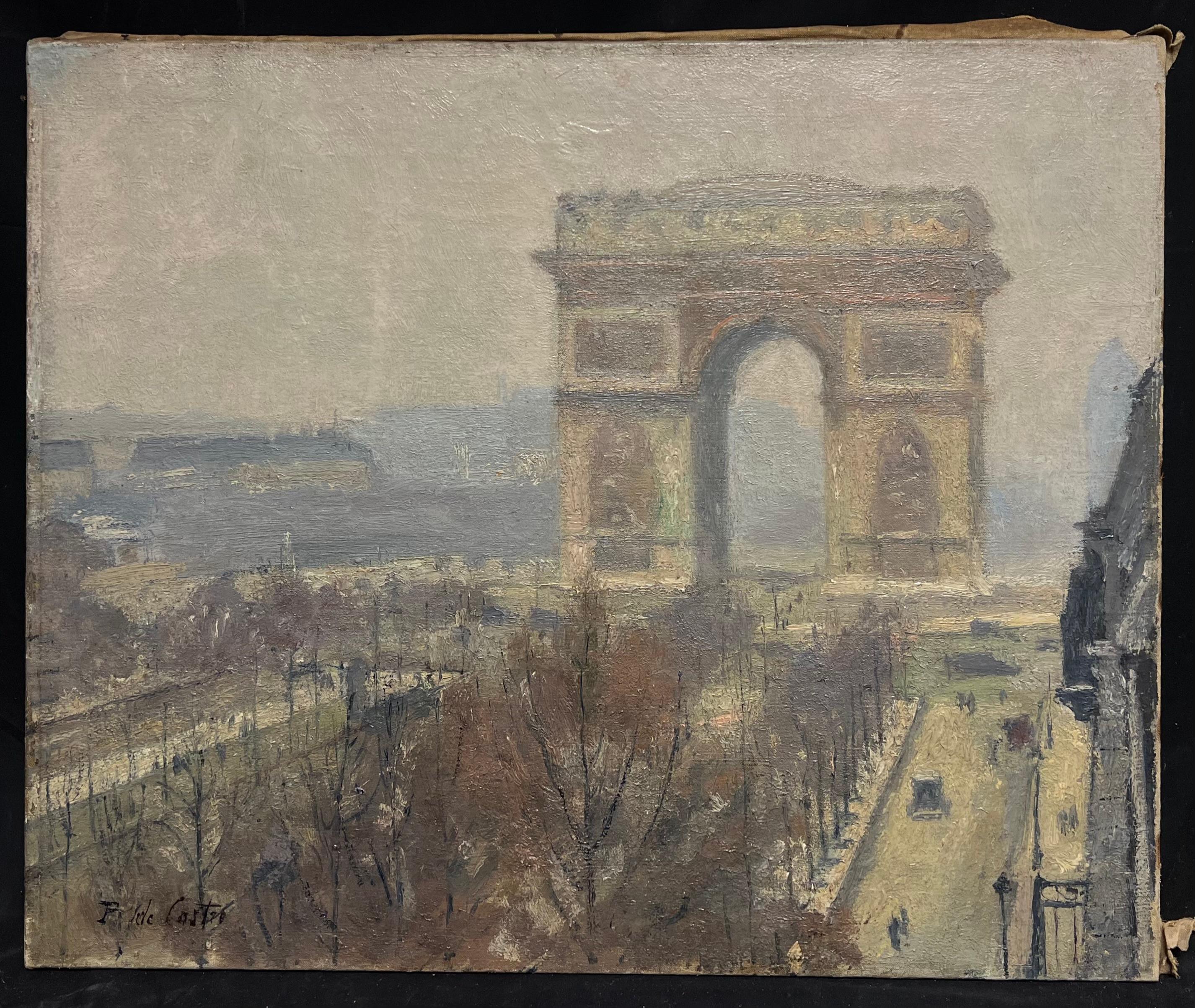 Antique Original French Impressionist Oil Painting The Arc de Triomphe Paris - Gray Landscape Painting by French School
