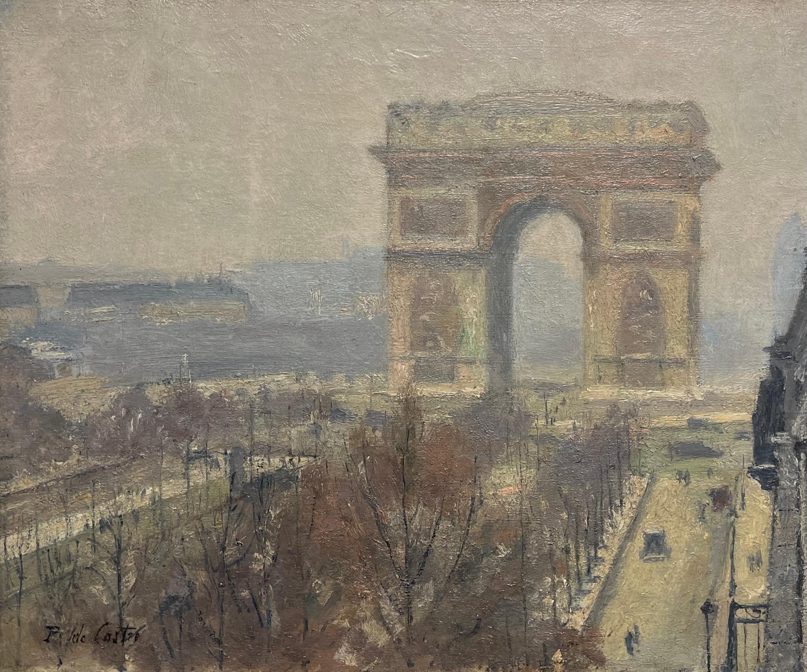 French School Landscape Painting - Antique Original French Impressionist Oil Painting The Arc de Triomphe Paris