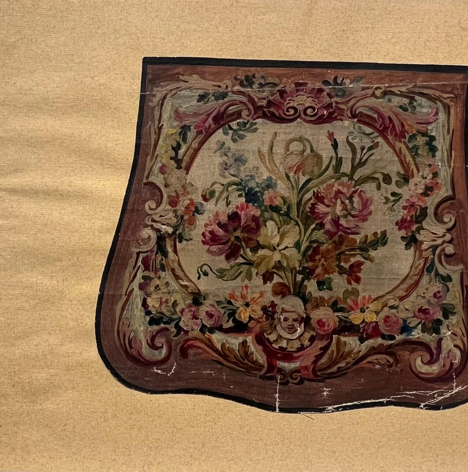 Huile florale antique d'inspiration rococo avec volutes ornementales d'un chérubin - Painting de French School