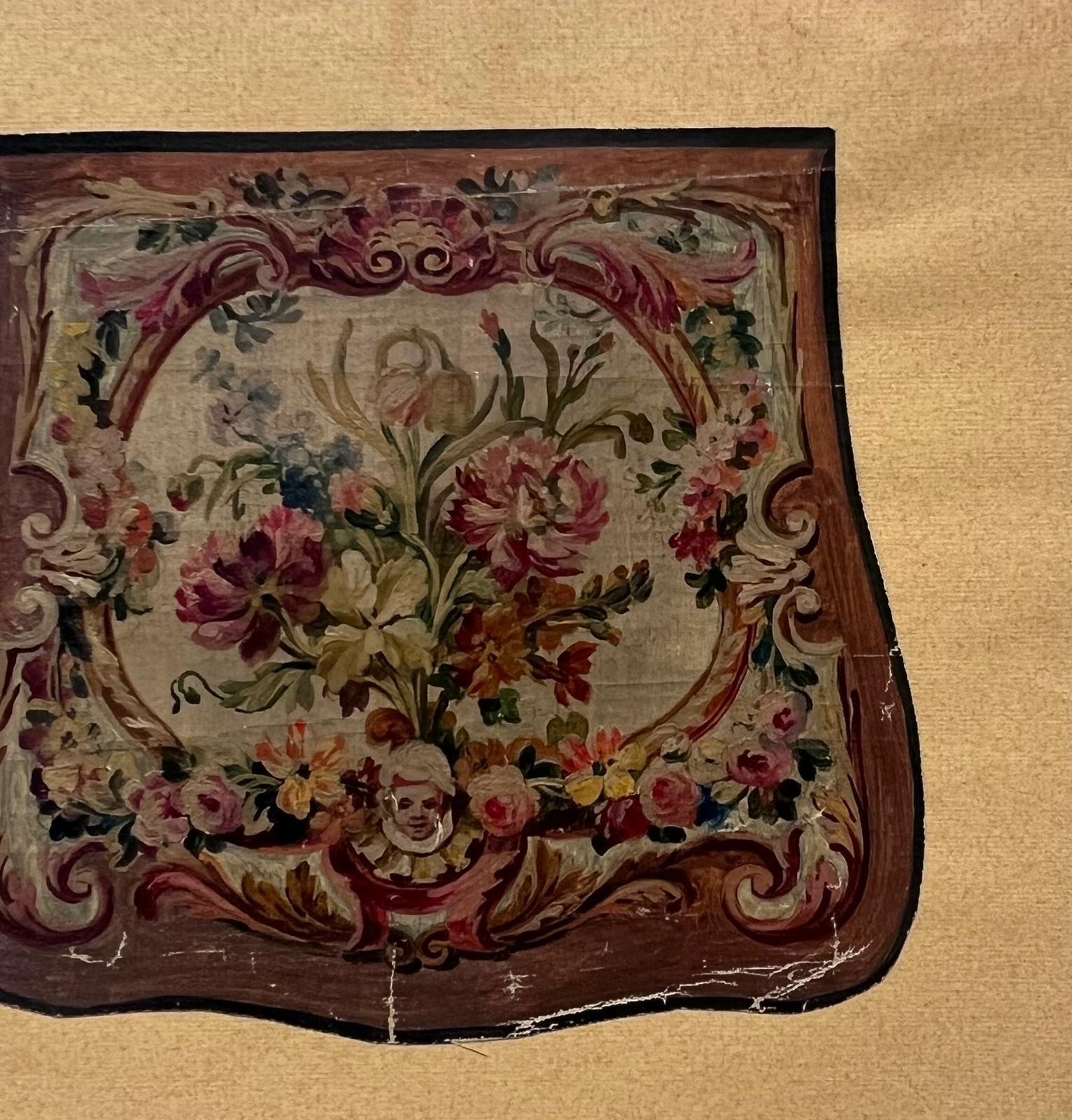Huile florale antique d'inspiration rococo avec volutes ornementales d'un chérubin - Rococo Painting par French School