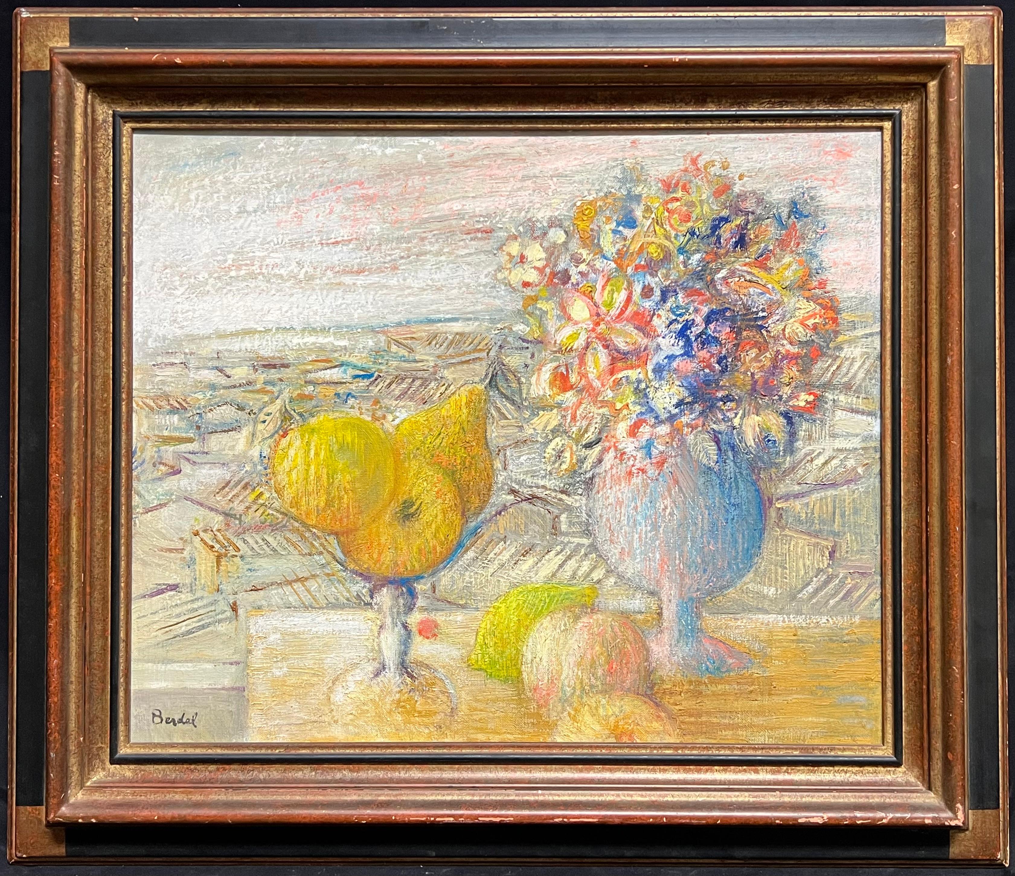 Bellissima natura morta impressionista con fiori e agrumi vibranti Artista francese - Painting di French School