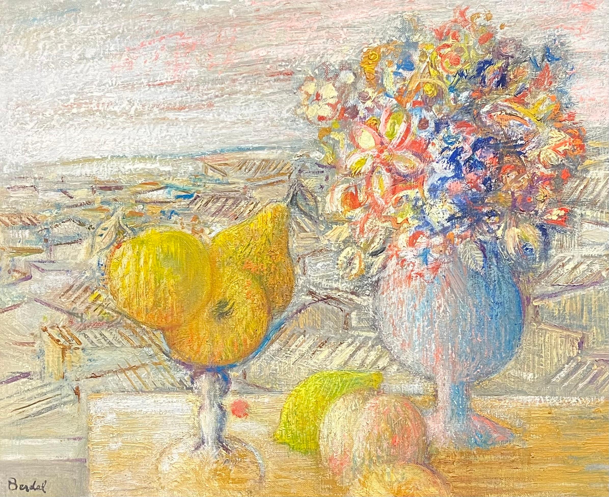 Schönes impressionistisches Stillleben mit lebhaften Blumen und Citrus, französischer Künstler