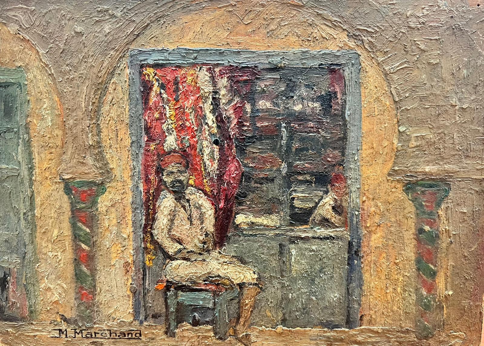 French School Landscape Painting - Boutique Shop Seller Tunisia Souks Signed French 1950’s Oil Painting