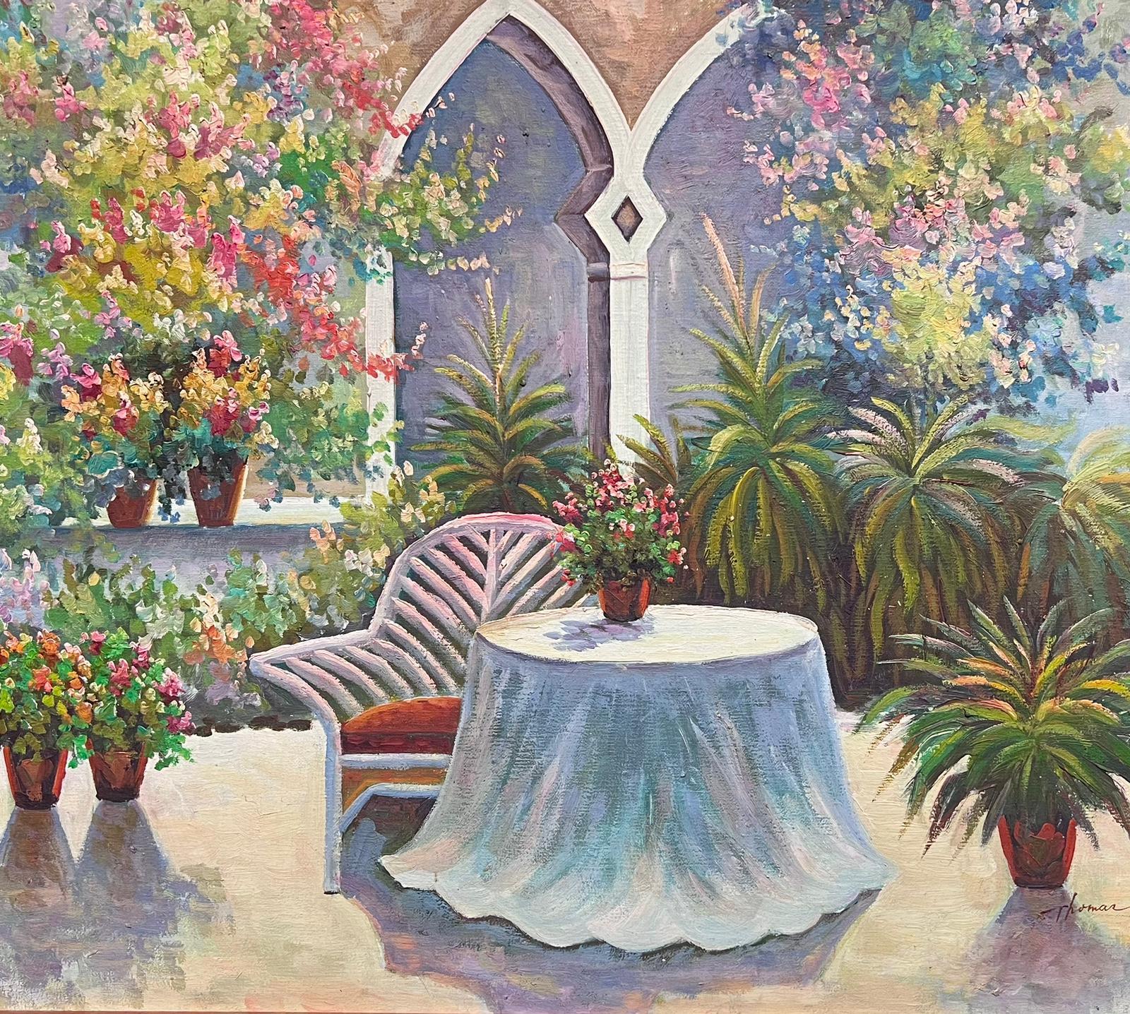 Bright & Colourful Garden Conservatory Interior Room mit Pflanzen, signiert Öl  – Painting von French School