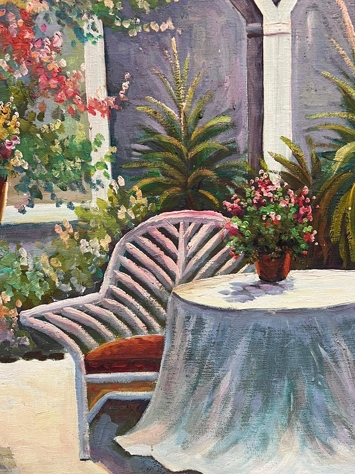 Bright & Colourful Garden Conservatory Interior Room with Plants Signed Oil  - Impressionist Painting by French School