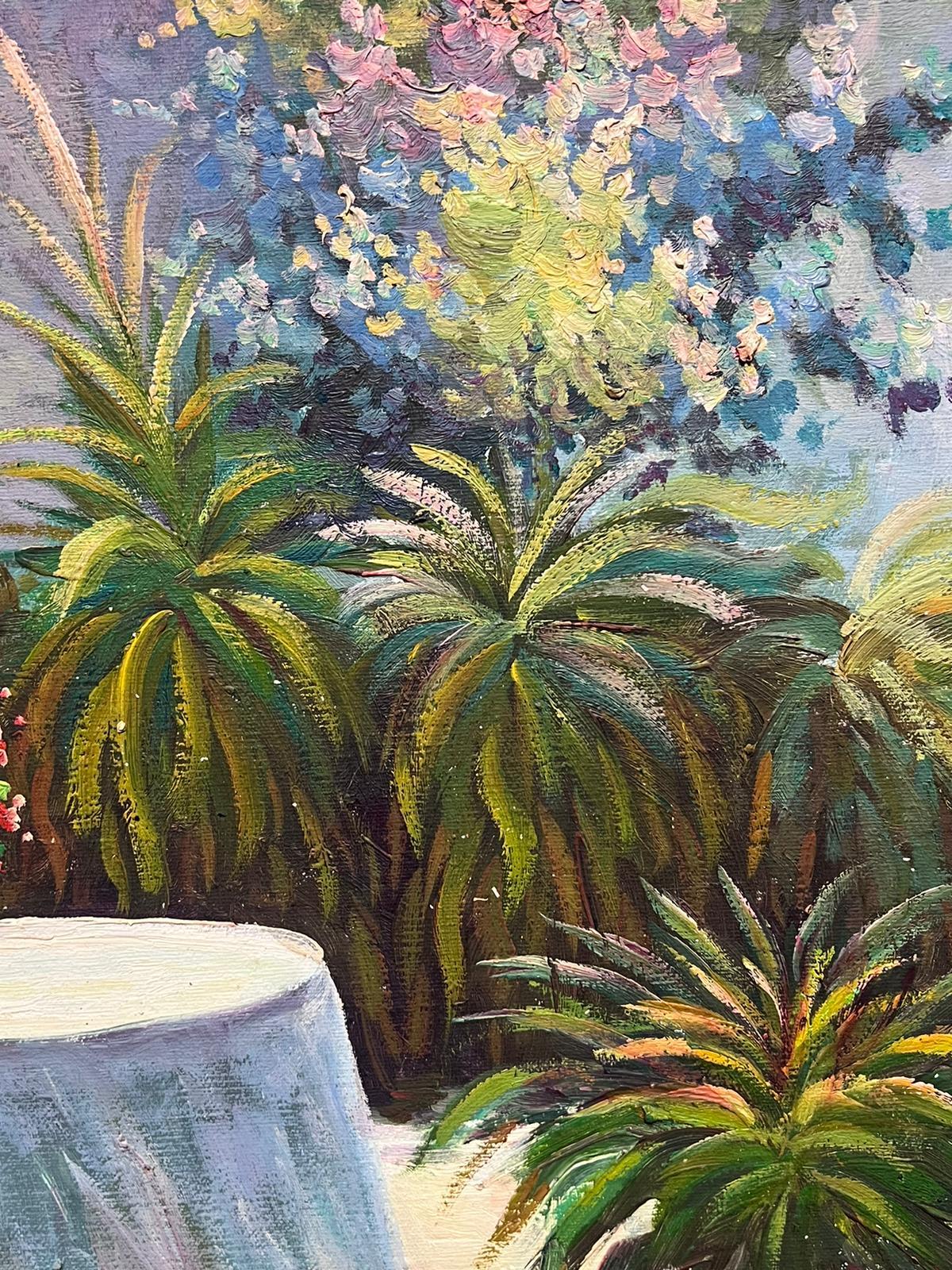 Bright & Colourful Garden Conservatory Interior Room with Plants Signed Oil  For Sale 3