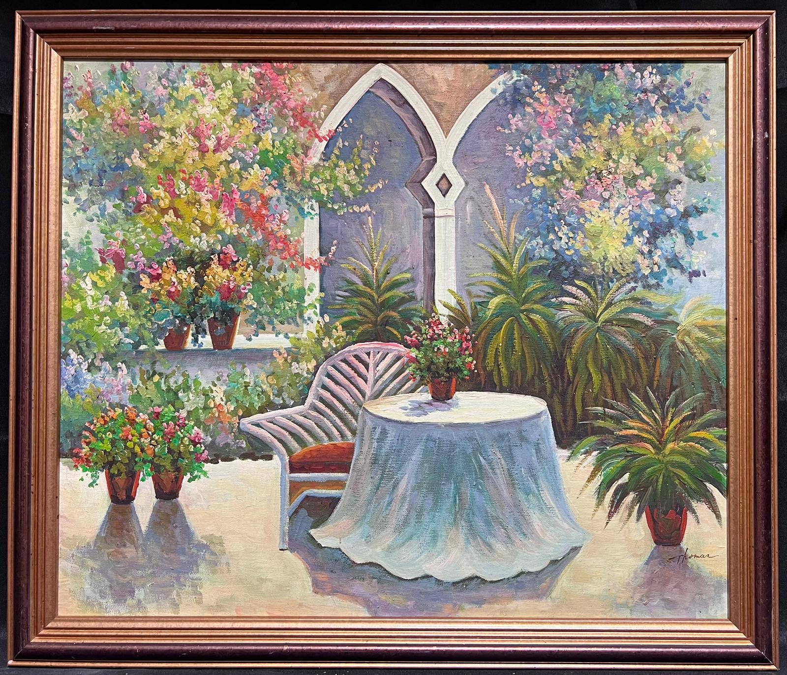 French School Interior Painting – Bright & Colourful Garden Conservatory Interior Room mit Pflanzen, signiert Öl 