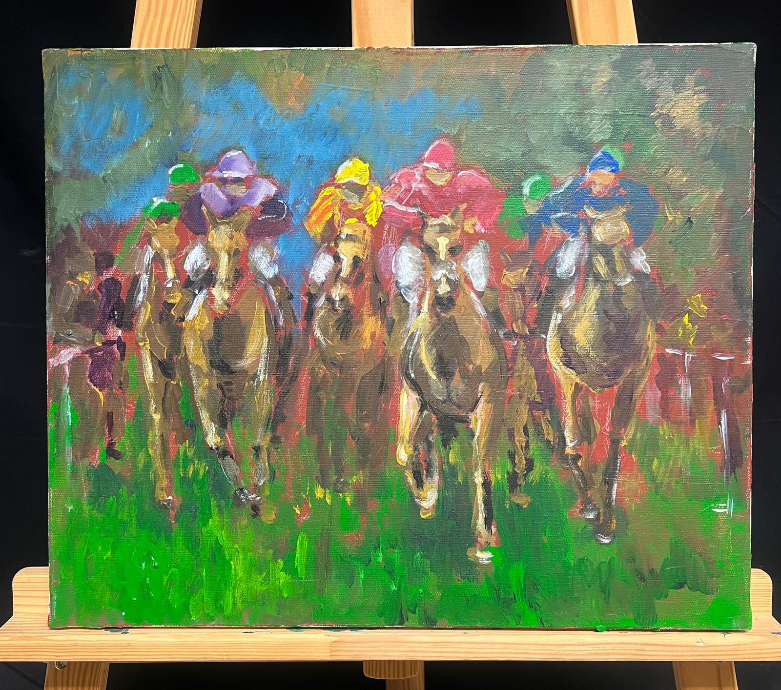 Bright Contemporary Oil Painting of Jockeys Horse Racing Flat Out Full Pace - Gray Landscape Painting by French School