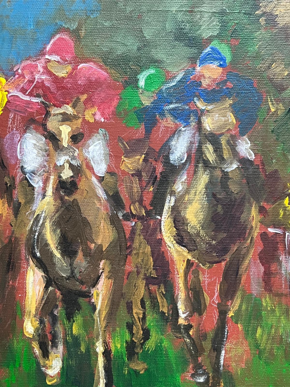The Finish Line
French School, contemporary
oil on canvas, unframed
Canvas: 15 x 18 inches
Provenance: private collection
Condition: very good condition 

Description:
This striking contemporary painting vividly captures the intensity and excitement