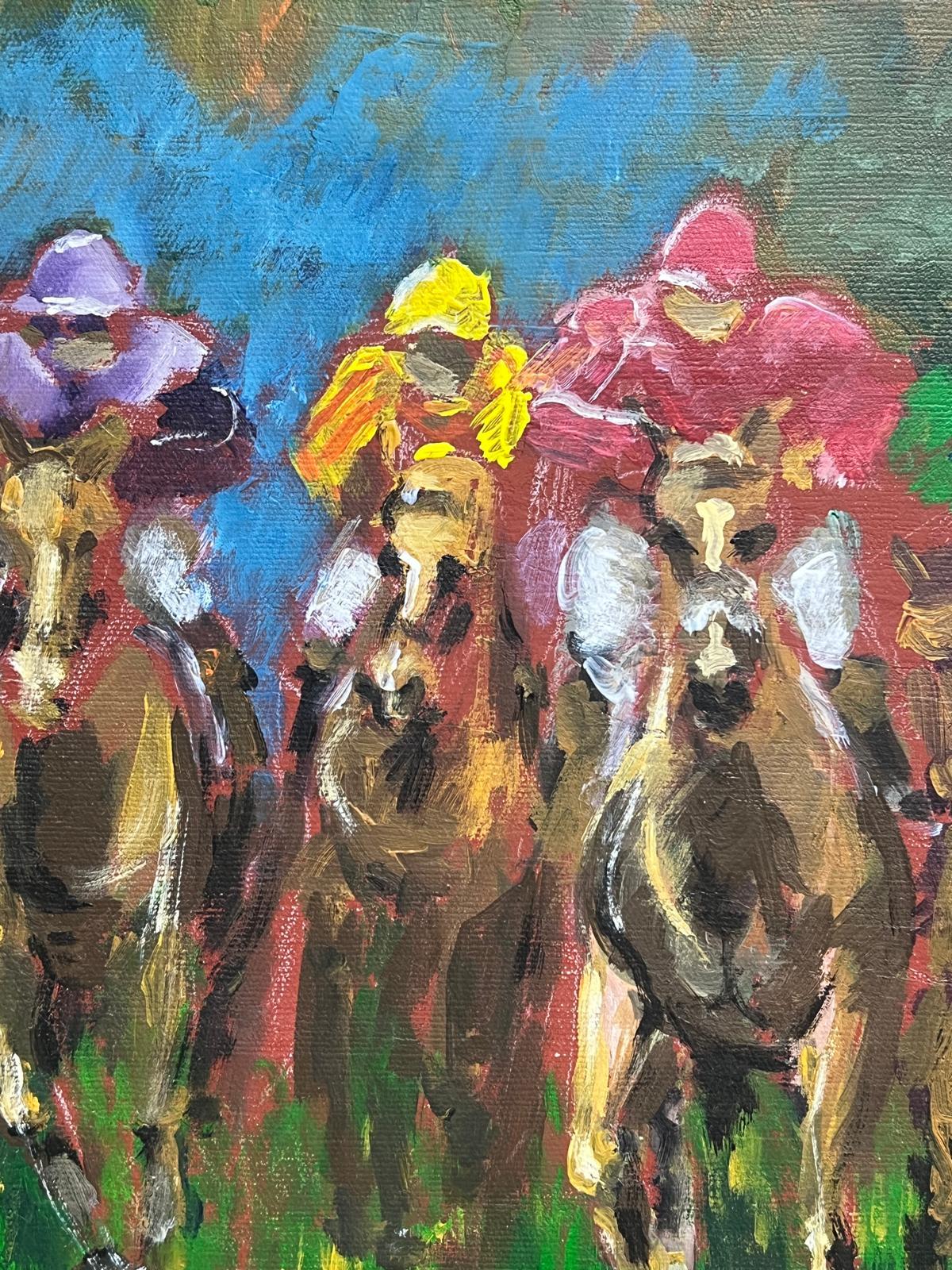 Bright Contemporary Oil Painting of Jockeys Horse Racing Flat Out Full Pace For Sale 1