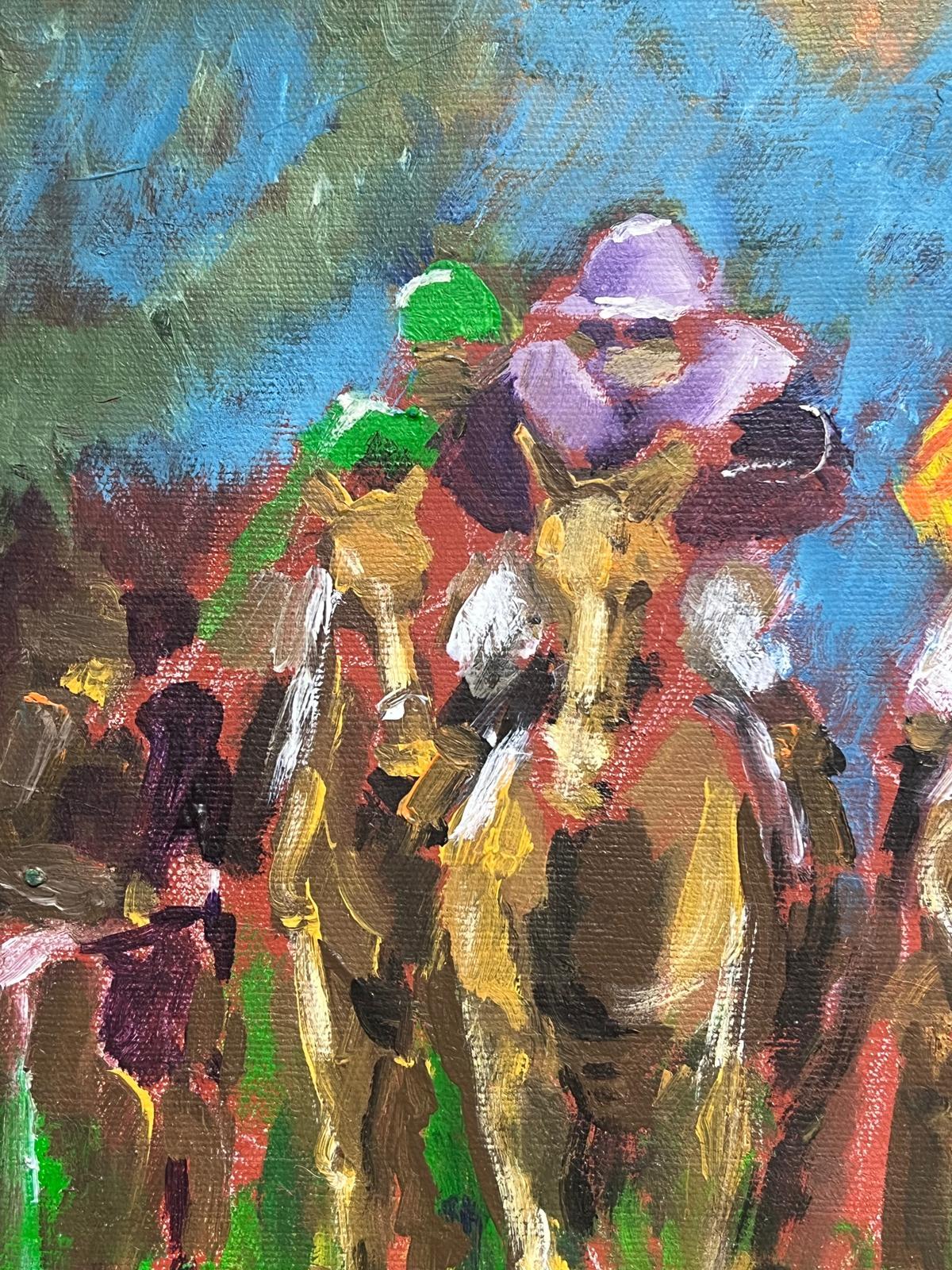 Bright Contemporary Oil Painting of Jockeys Horse Racing Flat Out Full Pace For Sale 2